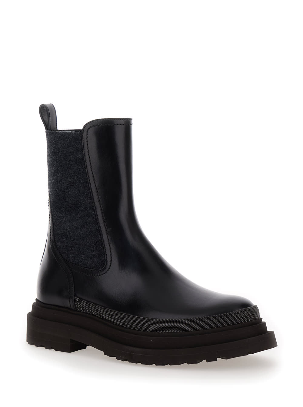 Shop Brunello Cucinelli Black Slip-on Boots With Lug Sole And Monile In Leather Woman