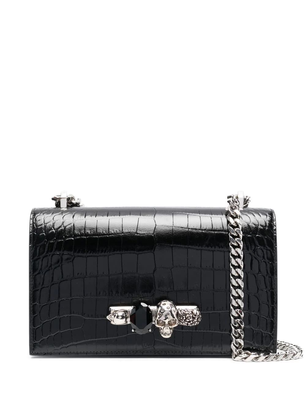 Alexander McQueen Black And Silver Jewelled Satchel Bag In Crocodile-effect Leather
