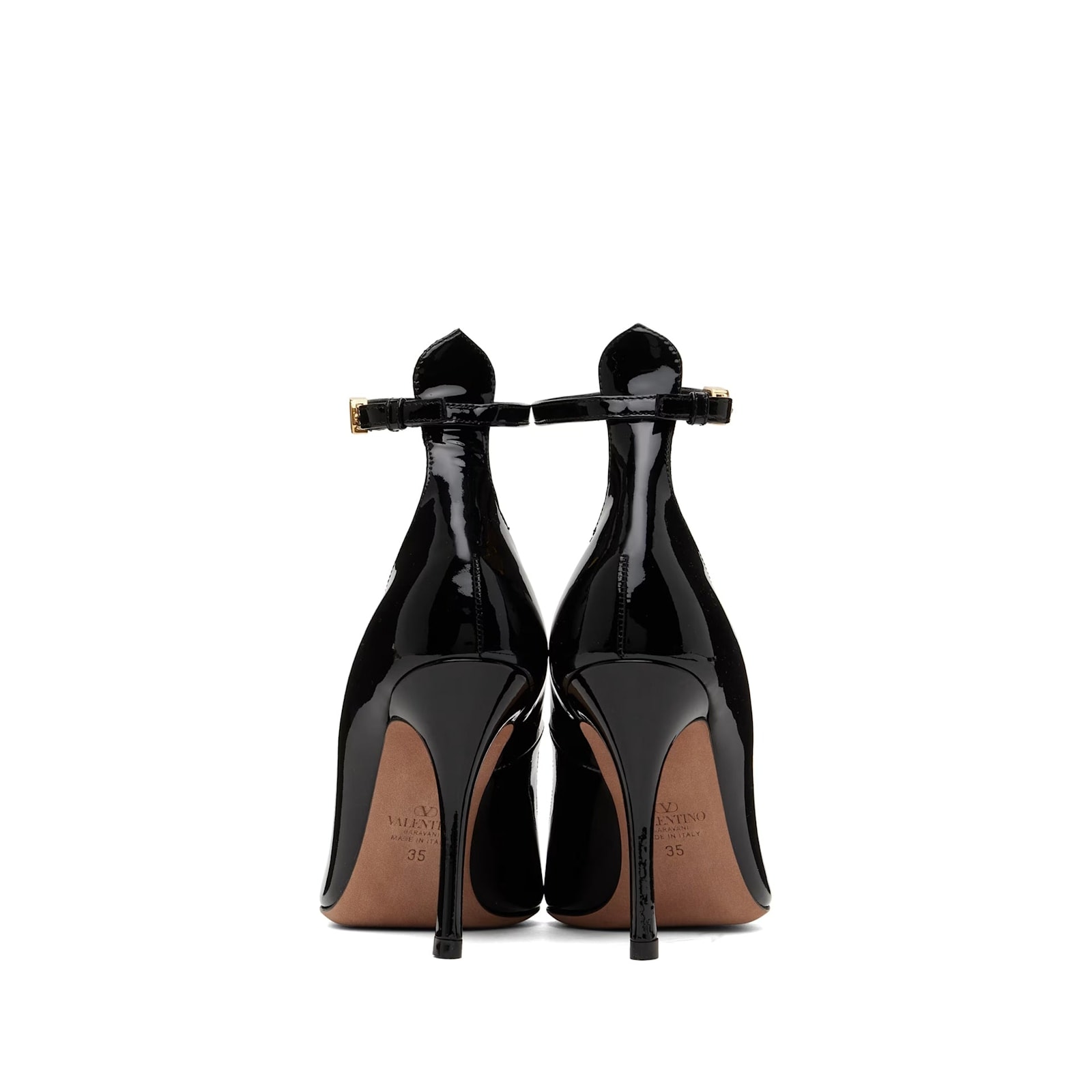 Valentino Garavani Pointed Toe Patent Leather Pumps With Logo Ankle Buckle In Black