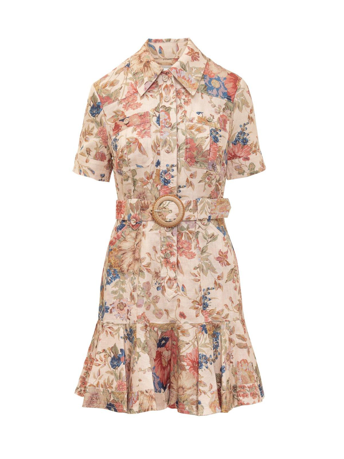 Shop Zimmermann Floral Printed August Belted Mini Dress In Cream Floral