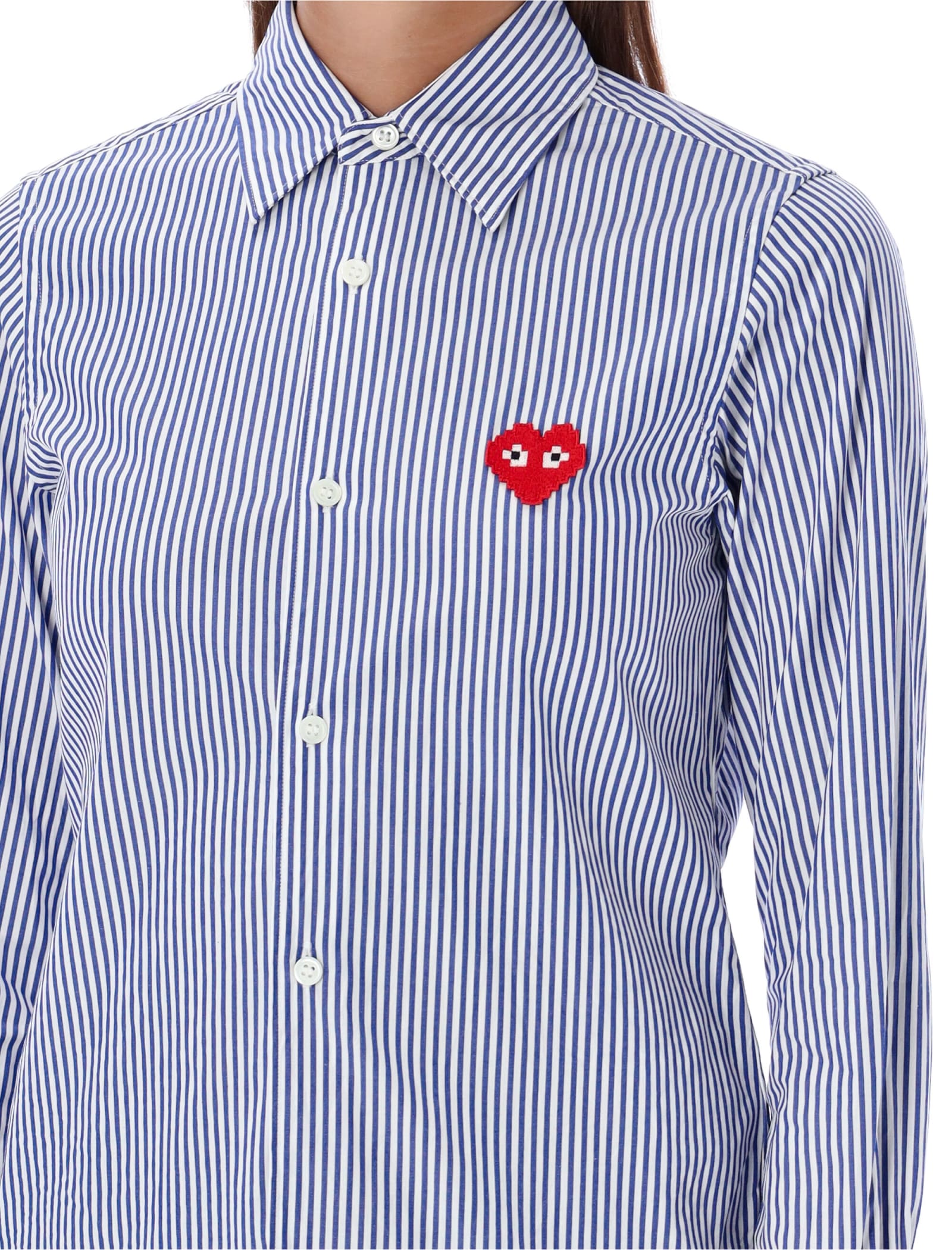 Shop Comme Des Garçons Play Pixel Red Heart Shirt In Blue/white Stripes