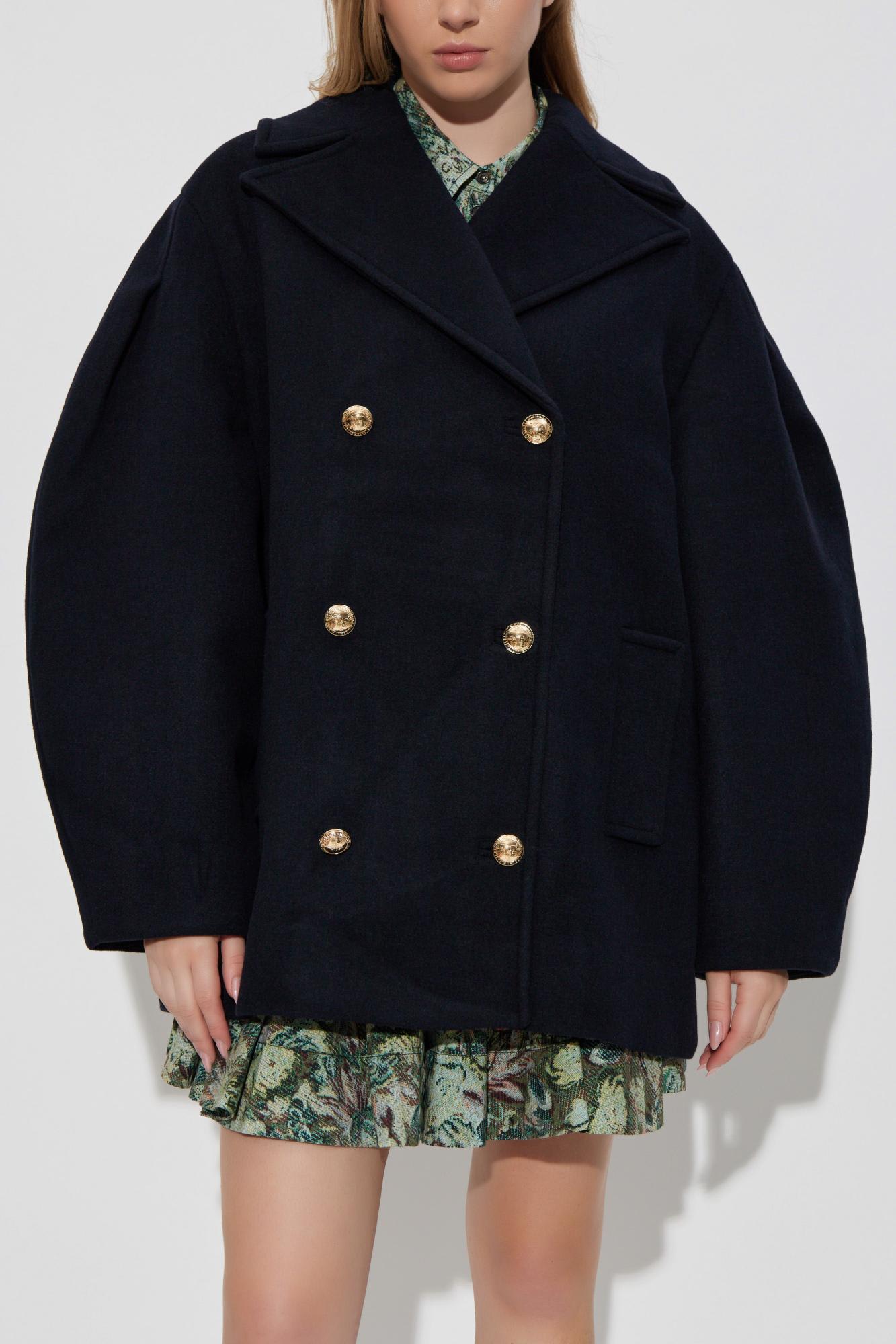 Ganni Short Wool Coat In Black