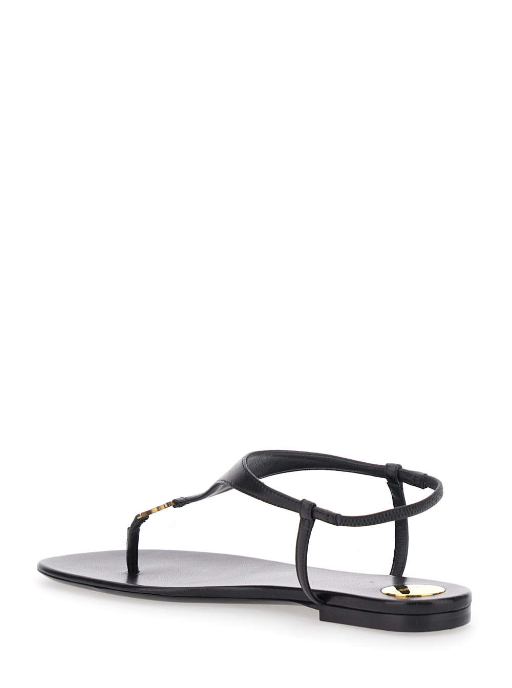 Saint Laurent Black Cassandra Flat Sandals In Crocodile-embossed Leather With Gold-tone Monogram