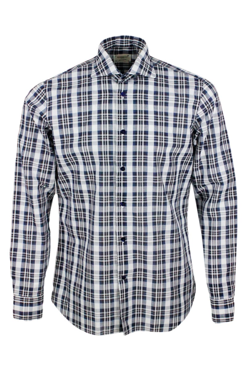 Borriello Napoli Checked Shirt In Cotton And Linen In Blu