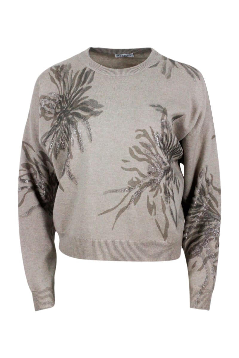 BRUNELLO CUCINELLI LONG-SLEEVED ROUND-NECK WOOL, SILK AND CASHMERE SWEATER WITH FLOWER PRINT EMBELLISHED WITH LUREX