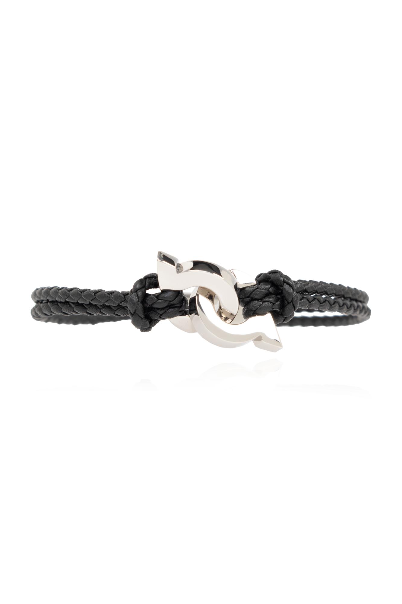 Ferragamo Double Gancini Braided Leather Bracelet In Black