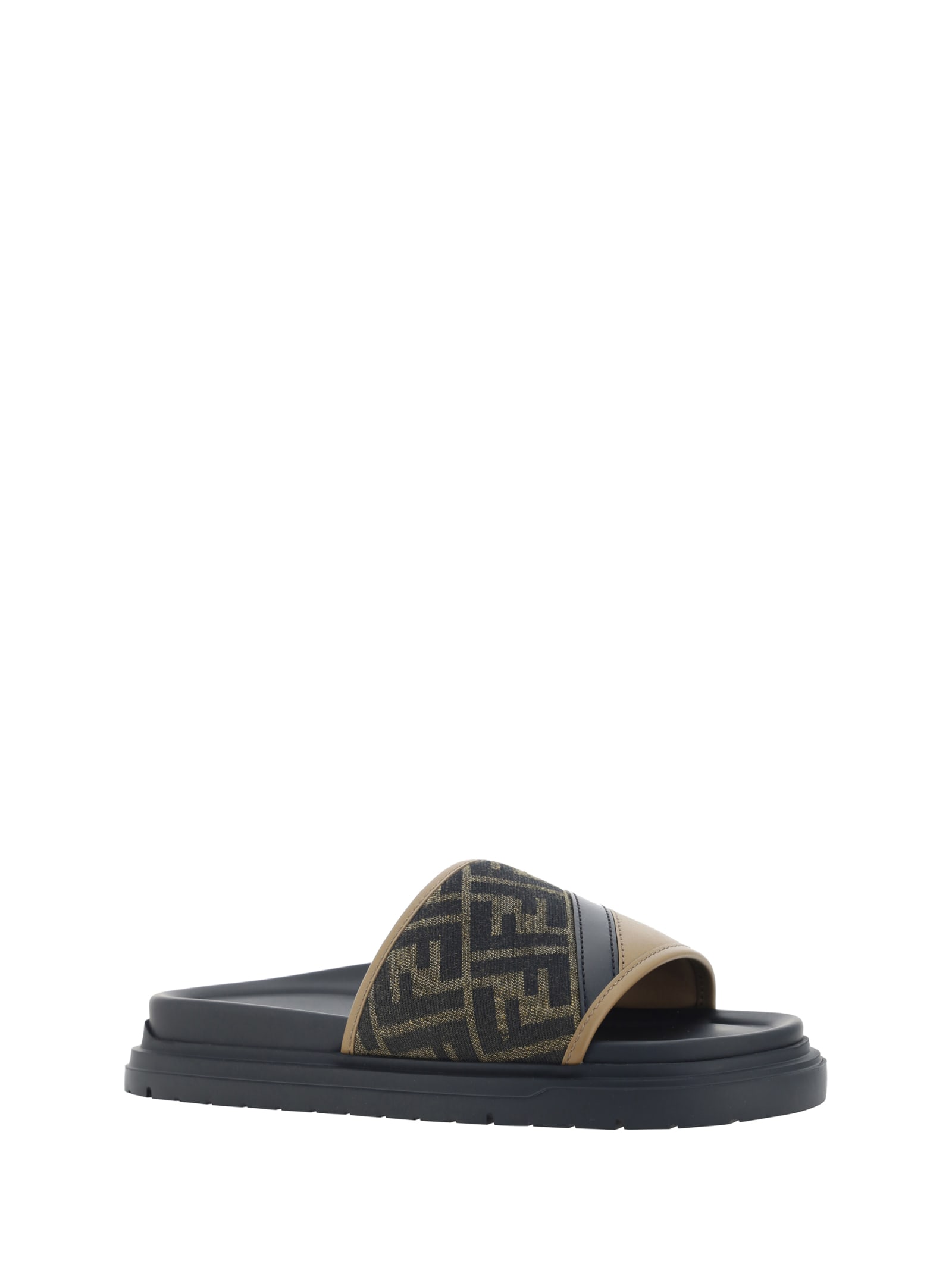 Fendi Brown Ff Jacquard And Beige Leather Slides In Sand+ner+tabacc.nero