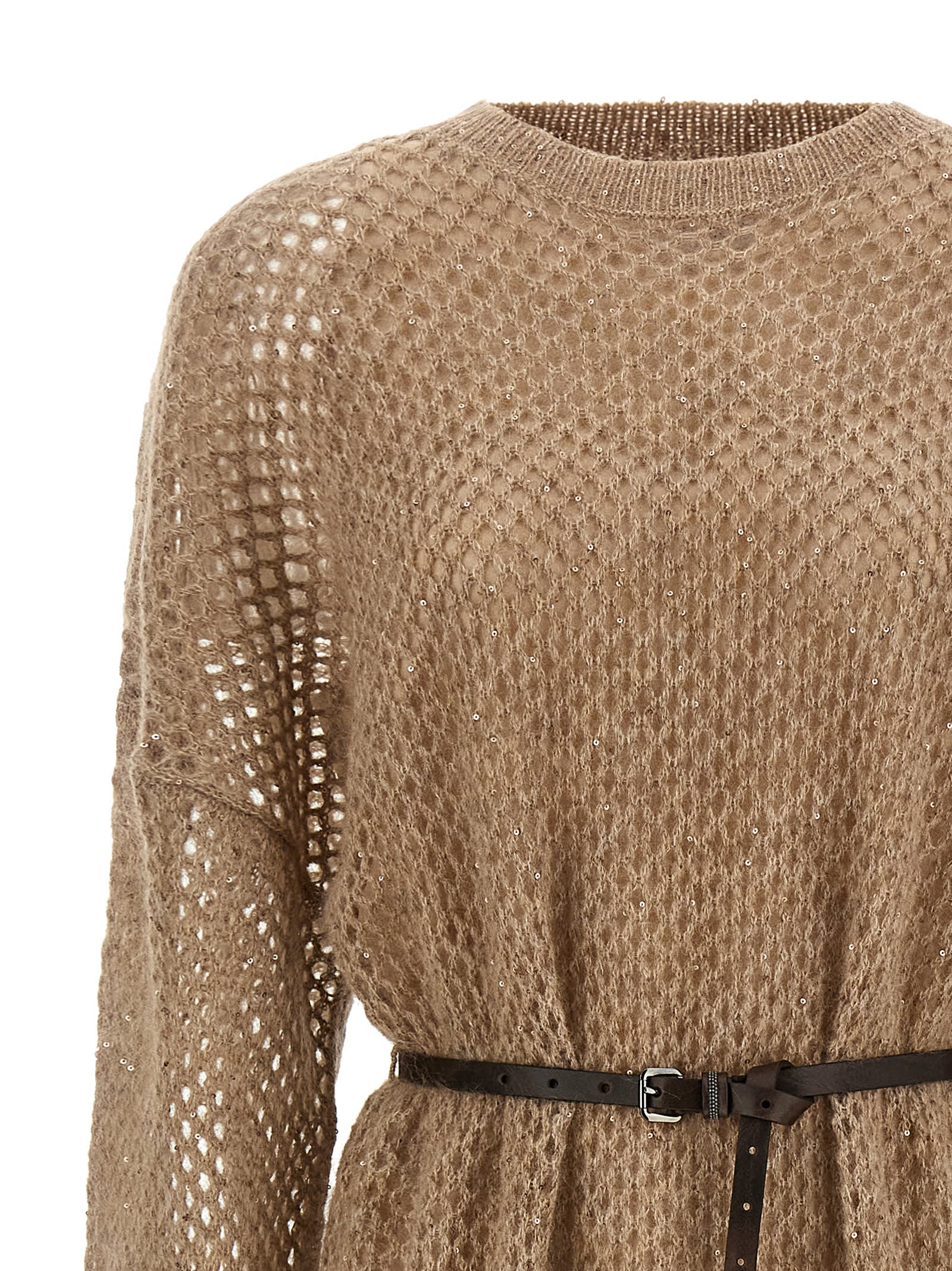 Brunello Cucinelli Women Mohair Blend Long Dress With Sequins In Brown