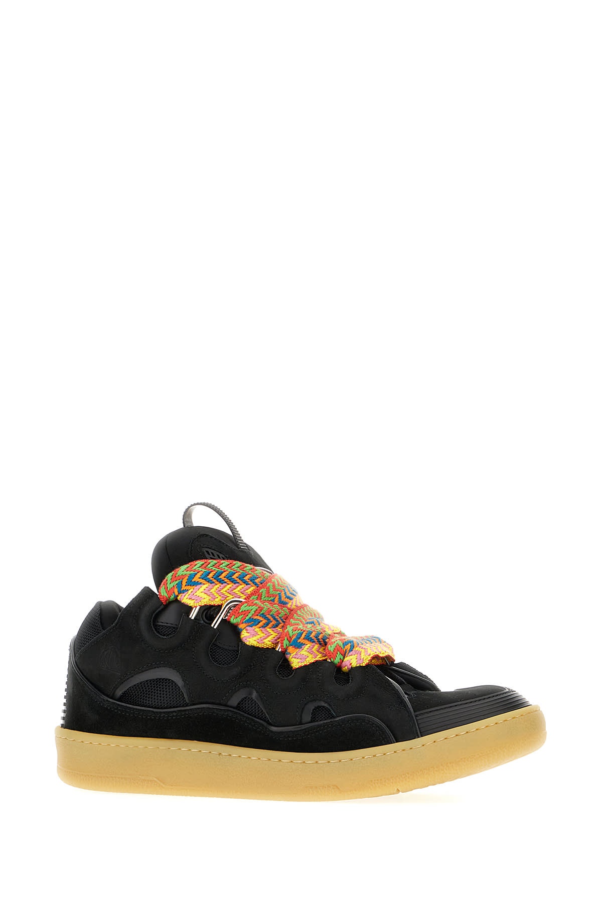 Shop Lanvin Black Leather And Fabric Curb Sneakers