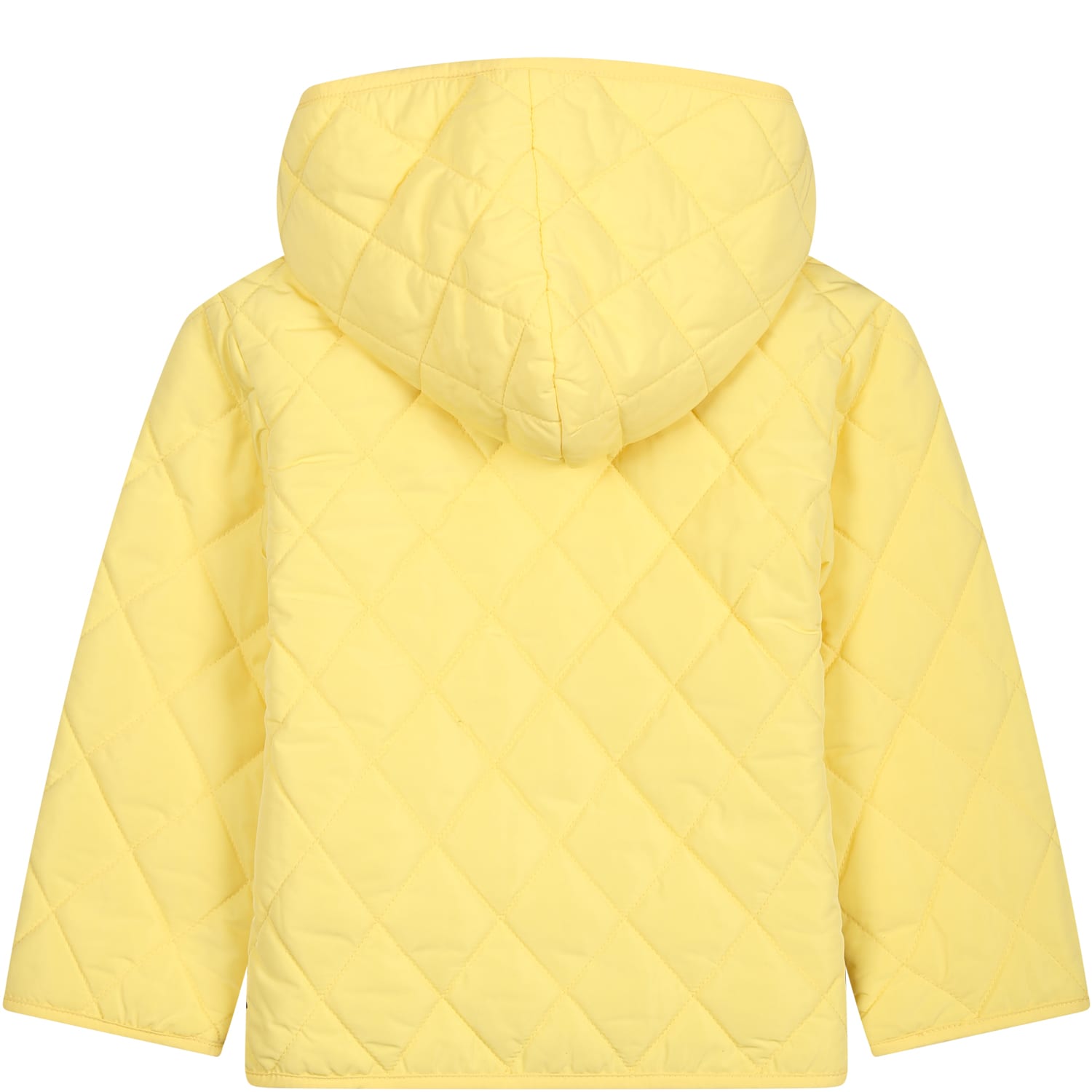 Shop Moschino Yellow Down Jacket For Babies With Teddy Bear And Logo
