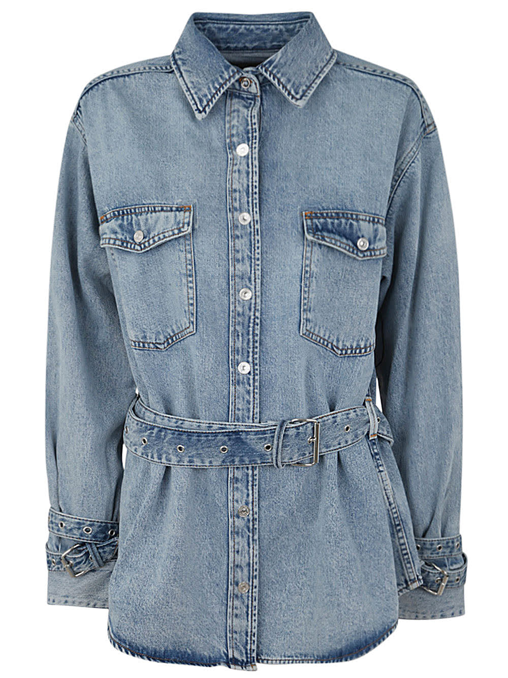 Shop 7 For All Mankind Chiara Biasi X 7fam Belted Overshirt Unwind In Light Blue