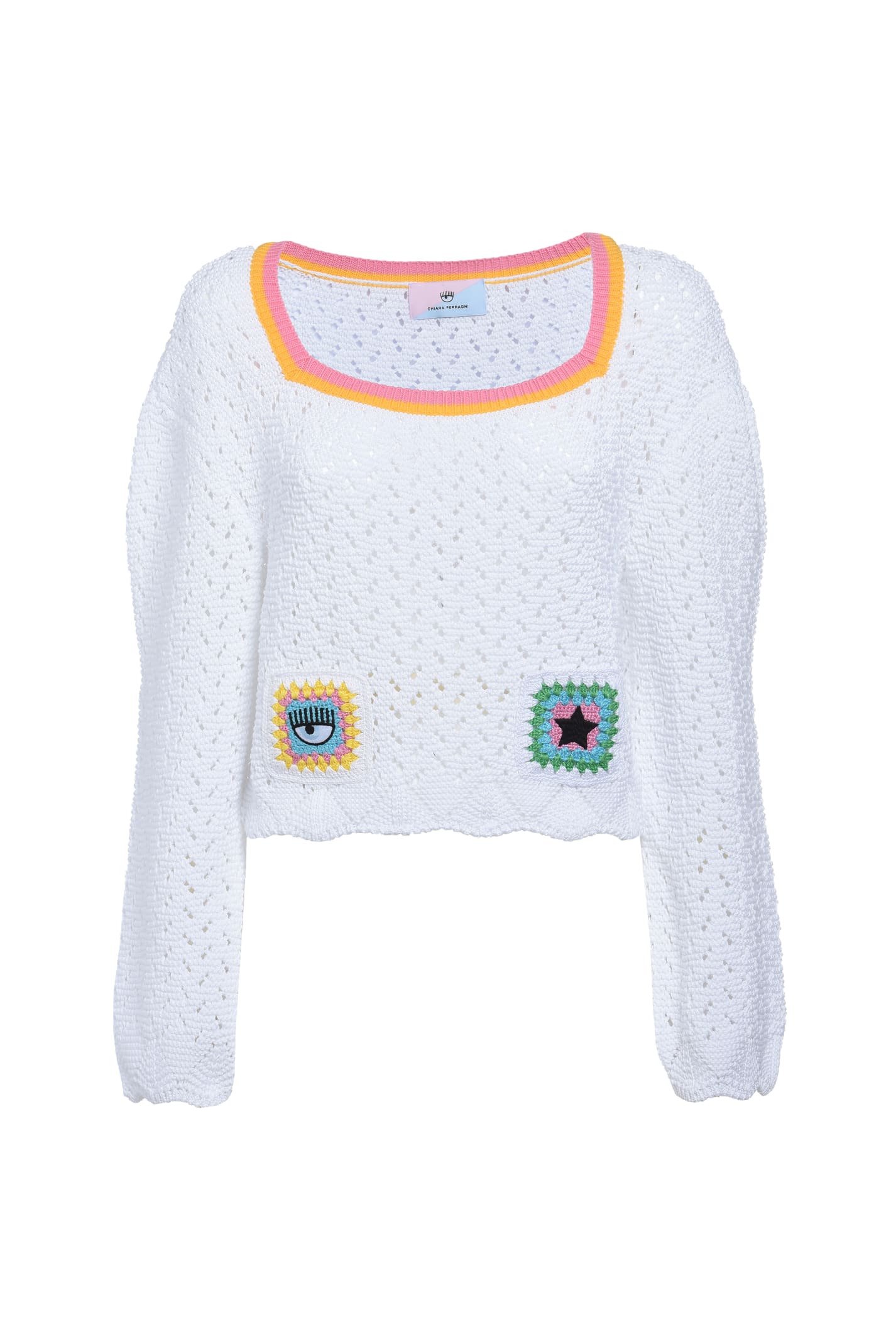 Chiara Ferragni Long-sleeved Loose Fit Crocheted Crop Top With Patch Details