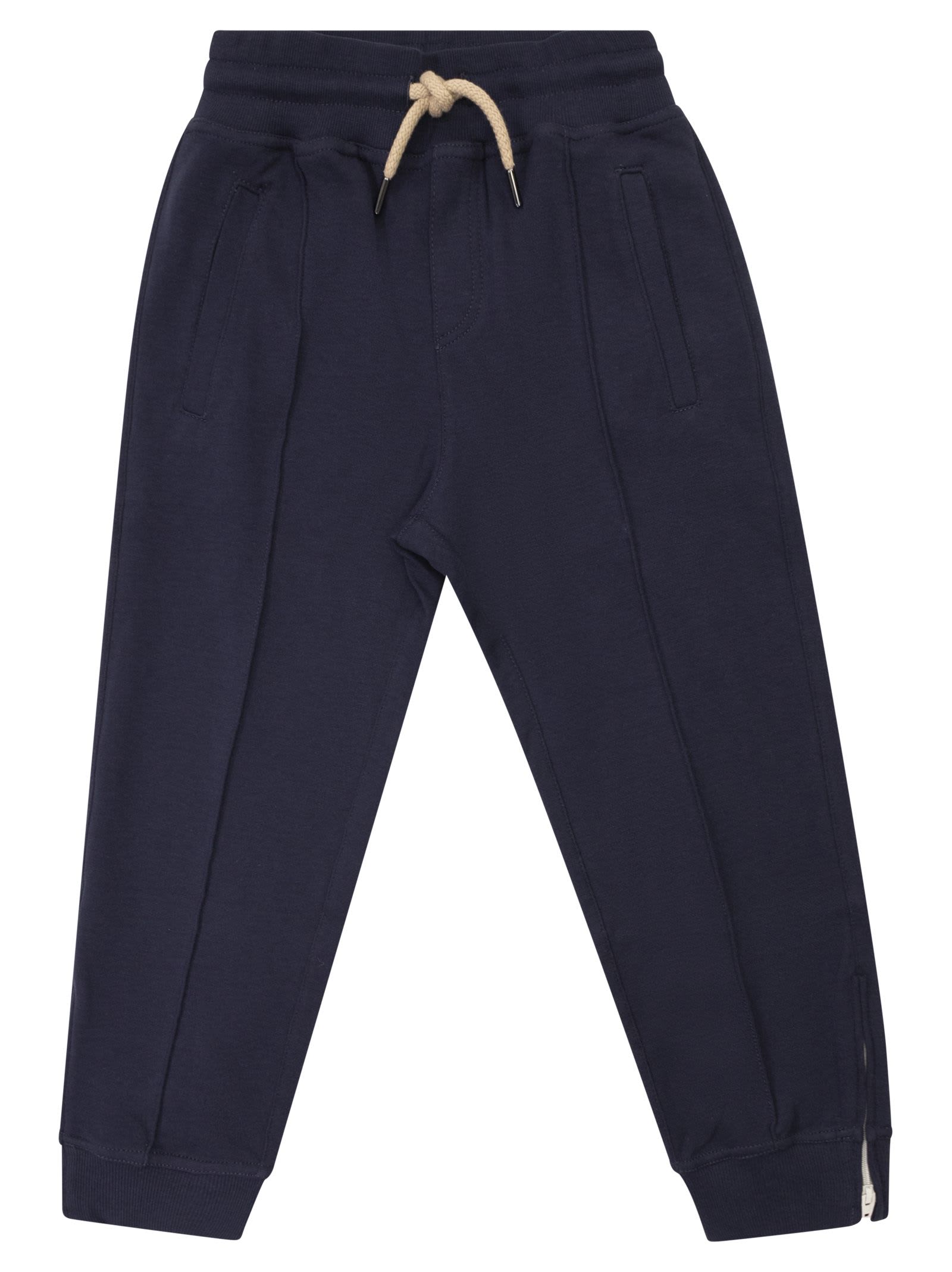 Brunello Cucinelli Kids' Techno Cotton Fleece Trousers With Crête And Elasticated Bottom With Zip In Blue