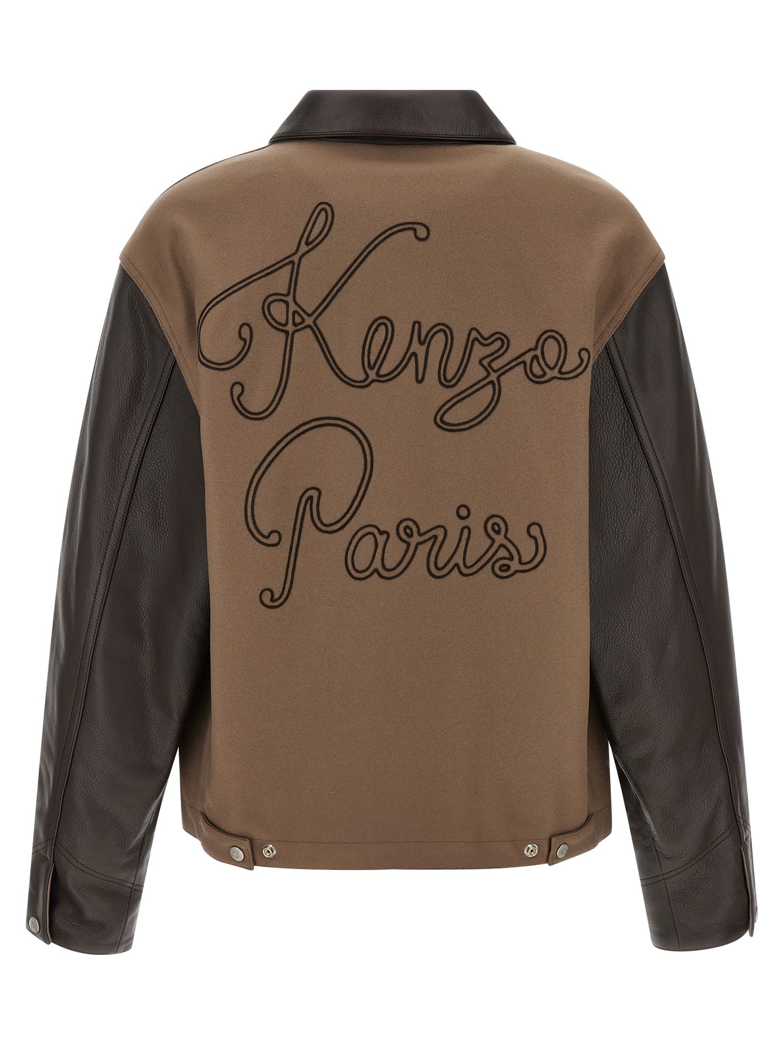 Kenzo Leather-sleeved Embroidered Jacket Coats Beige In Brown