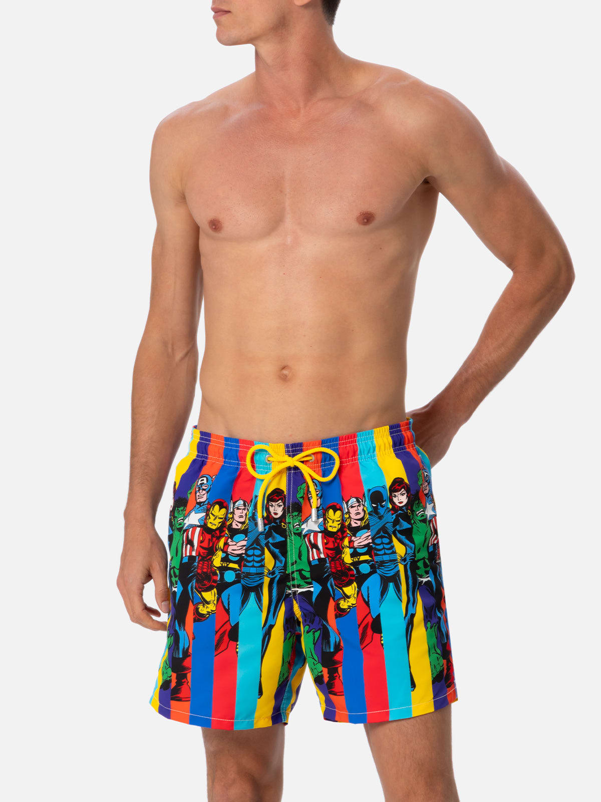 Mc2 Saint Barth Man Mid-length Gustavia Swim-shorts With Marvel Characters Placed Print Marvel Special Edition In White