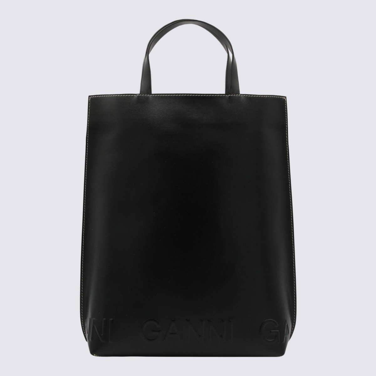 Ganni Black Leather Banner Tote Bag