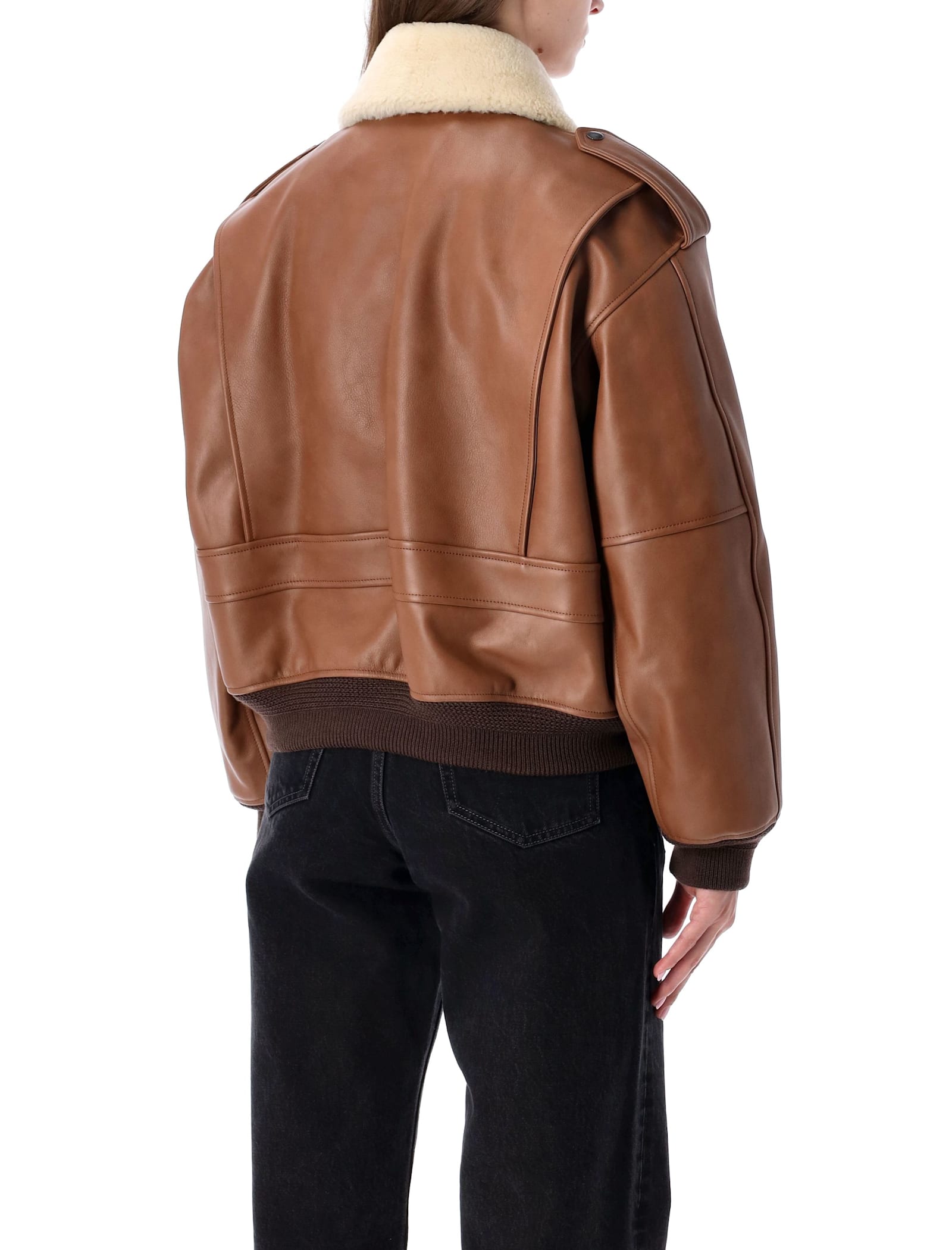 Saint Laurent Brown Leather Bomber Jacket With Shearling Collar In Brown