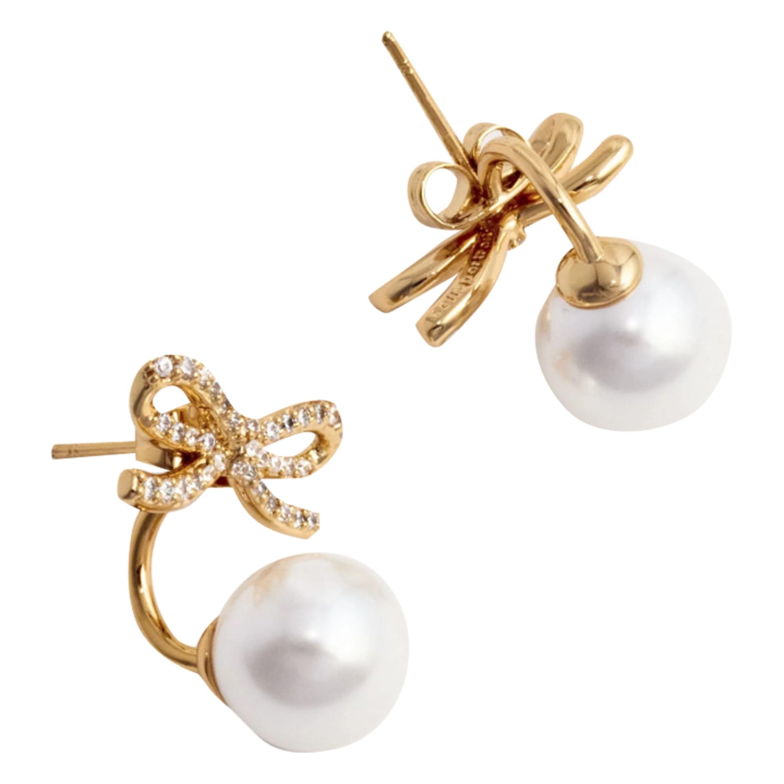 Self-portrait Crystal And Faux Pearl Bow Jacket Earrings In Gold