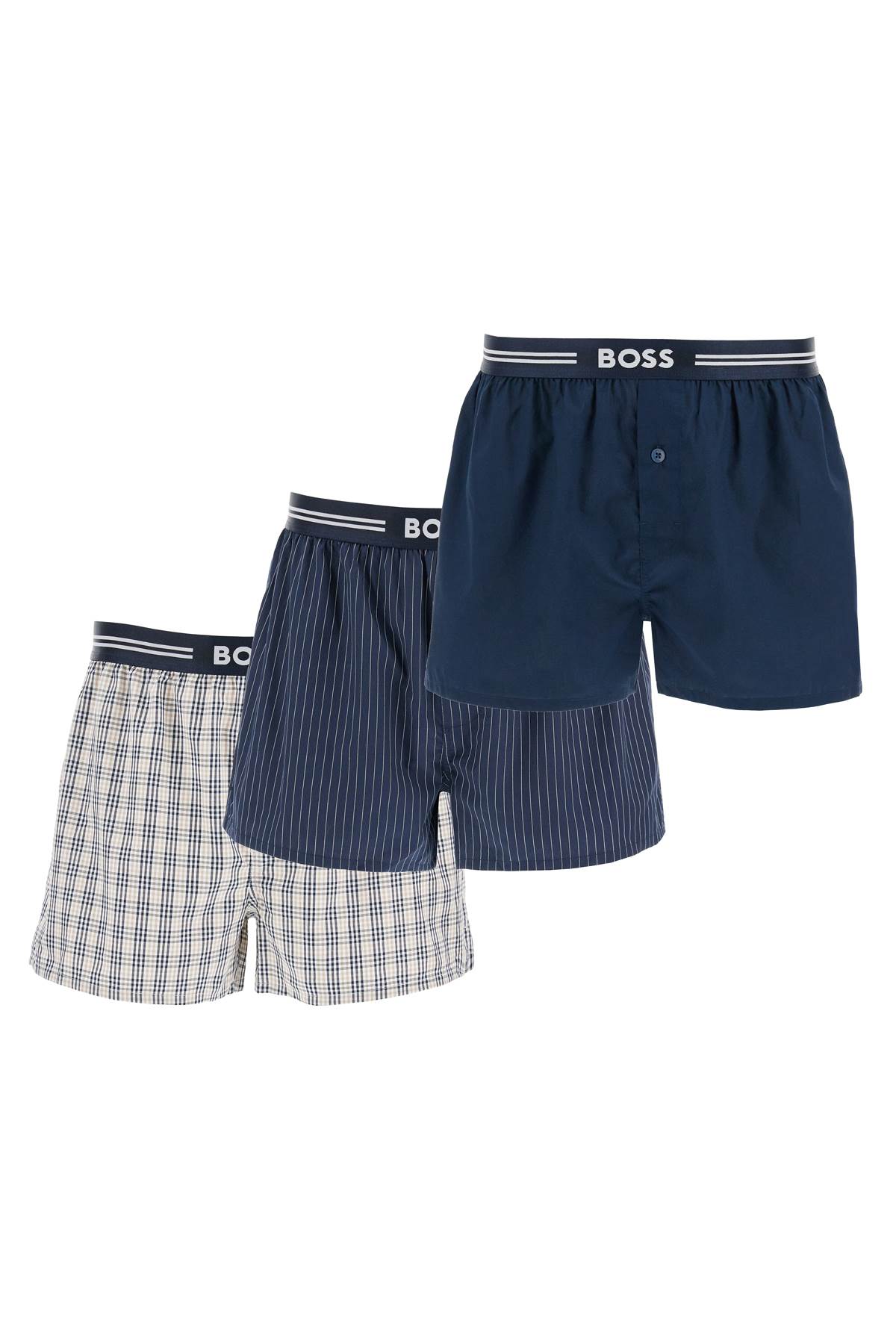 Hugo Boss Set 3 Boxer Uomo Cotone Blu Scuro Righe Quadretti Vita Elastica Aw2024 In Multi