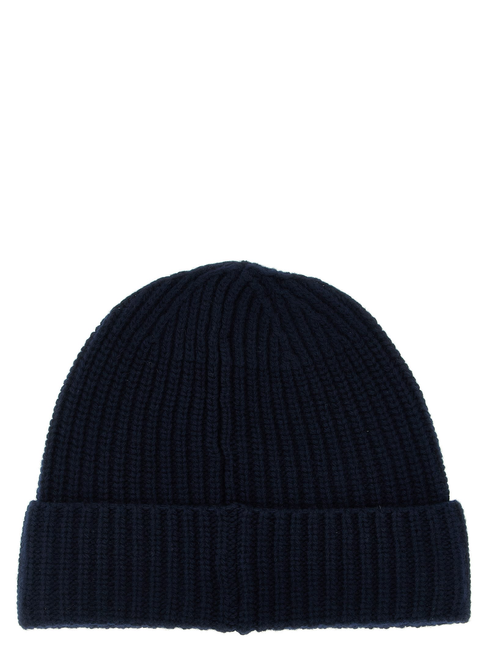 Stone Island Beanie With Compass Patch And Ribbed Cuff In Blue