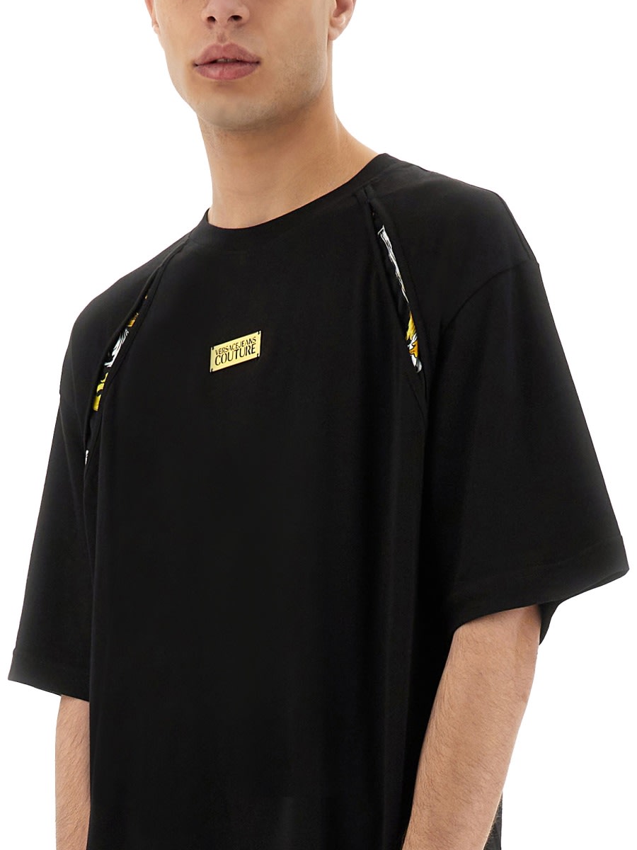 Shop Versace Jeans Couture T-shirt With Baroque Outline Inserts In Black