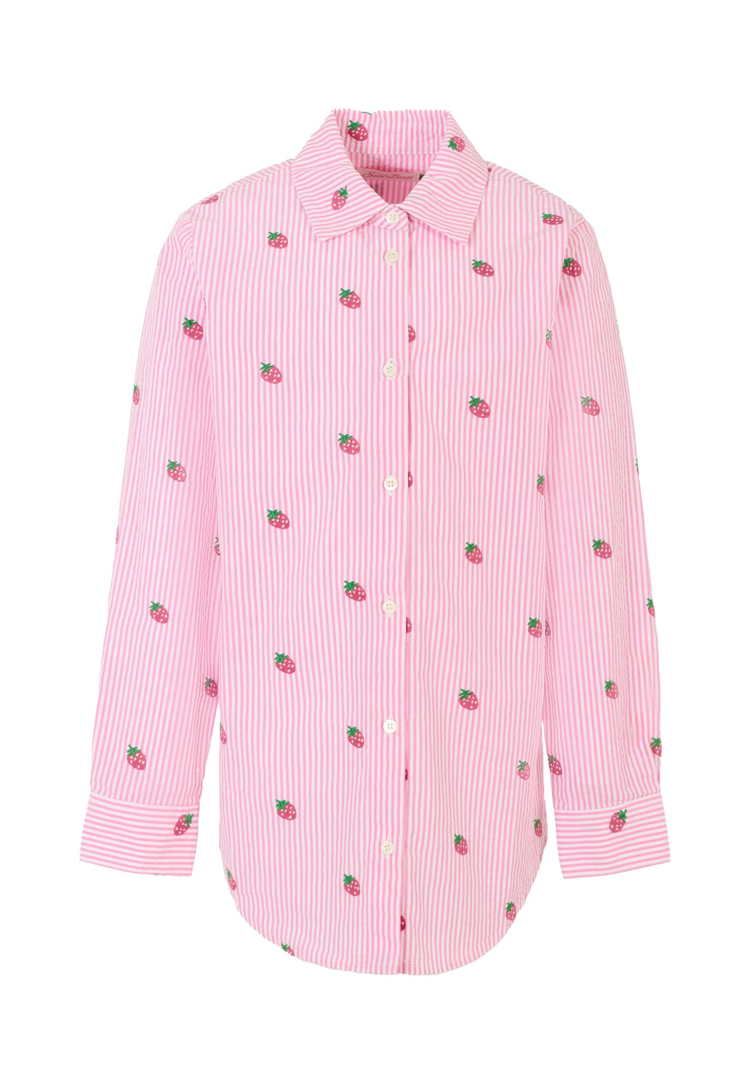 Mc2 Saint Barth Mini Brigitte Strawberry-print Striped Shirt In Pink