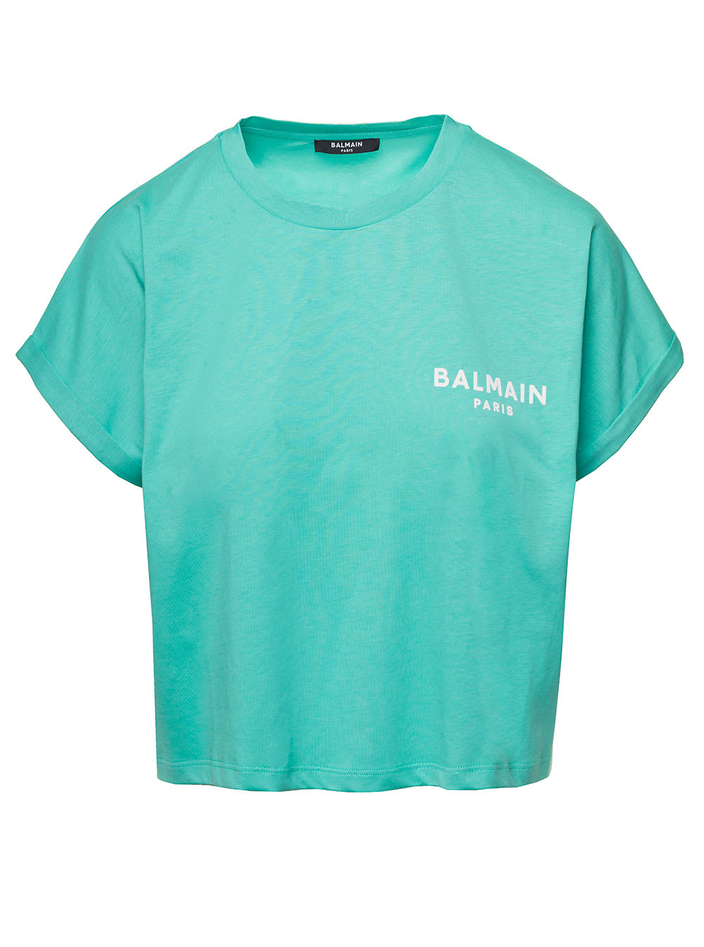 Balmain Light Blue Cropped T-shirt With Contrasting Logo Lettering In Cotton Woman