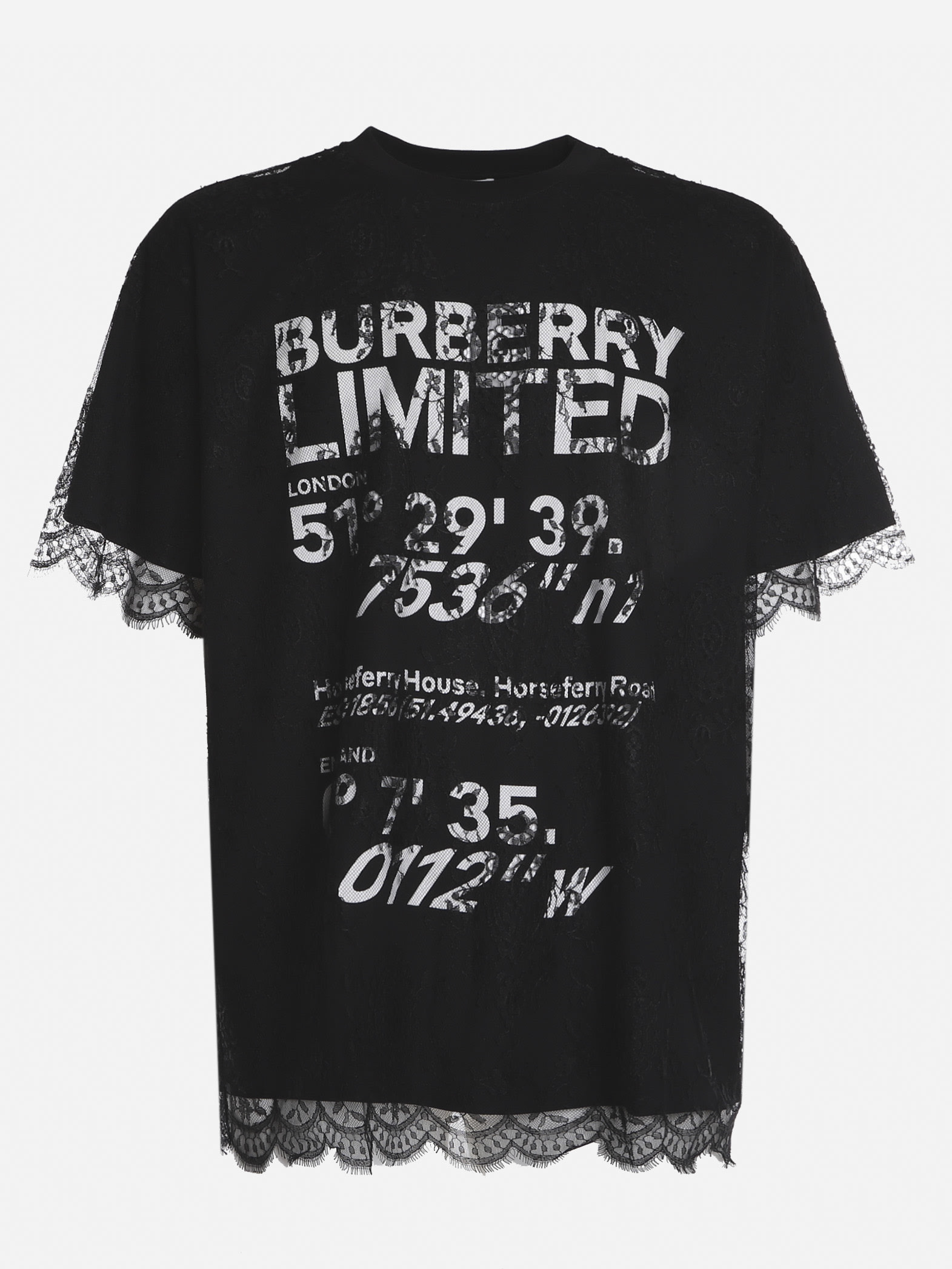 BURBERRY COTTON T-SHIRT WITH CONTRASTING LOGO PRINT AND LACE INSERTS,8042696 .A1189
