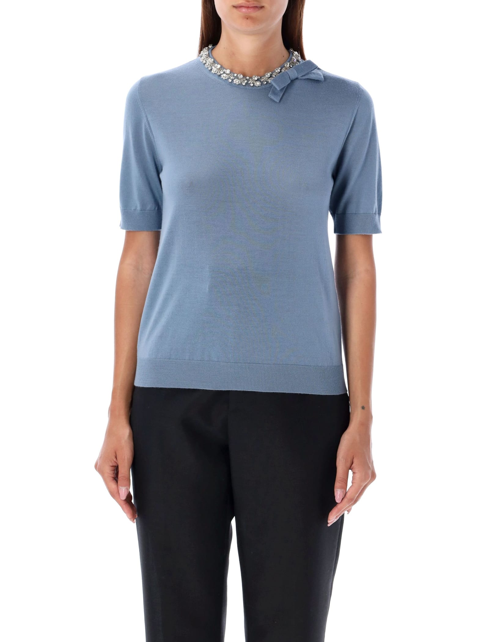 Shop Valentino Crystal Round Neck Knit In Light Blue