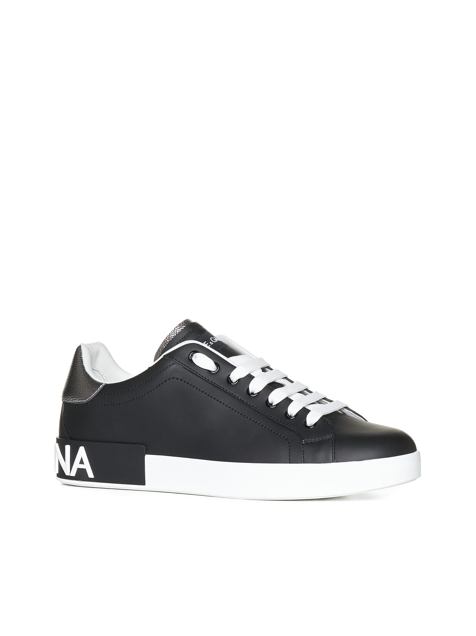 Shop Dolce & Gabbana Portofino Leather Sneakers In Black / Silver