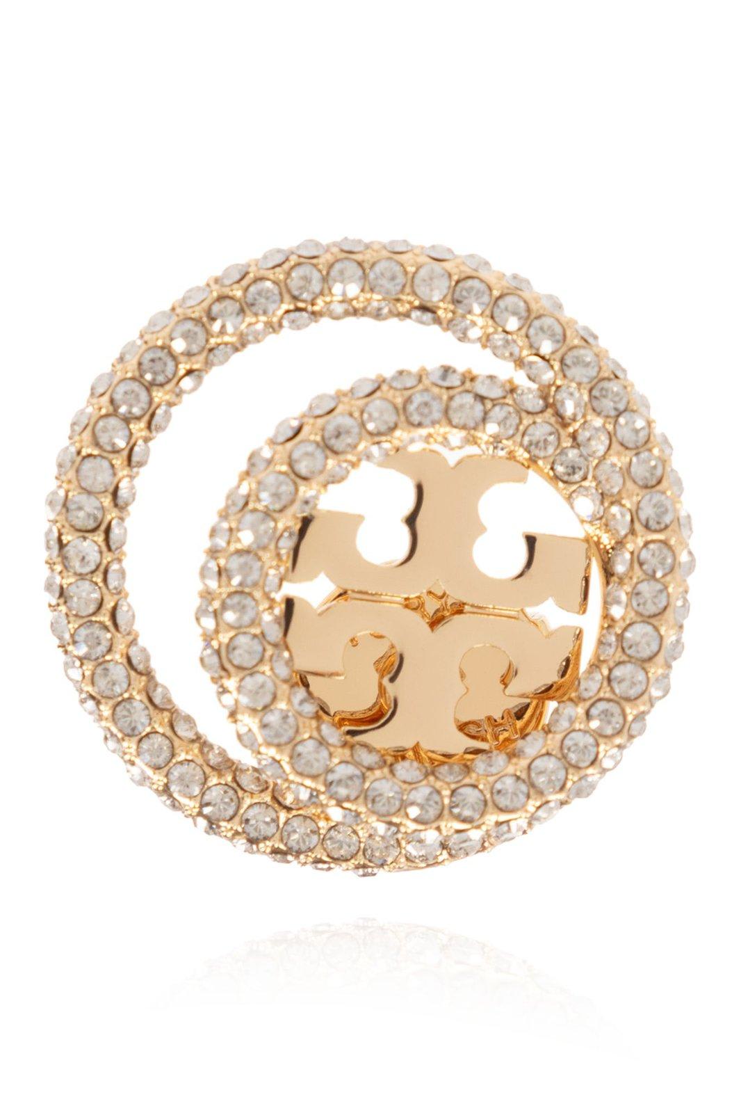 Shop Tory Burch Double-ring Embellished Earrings In Gold/crystal