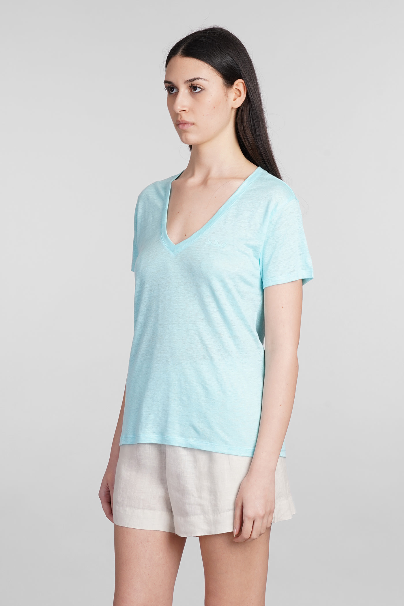 Shop Mc2 Saint Barth Eloise T-shirt In Cyan Linen