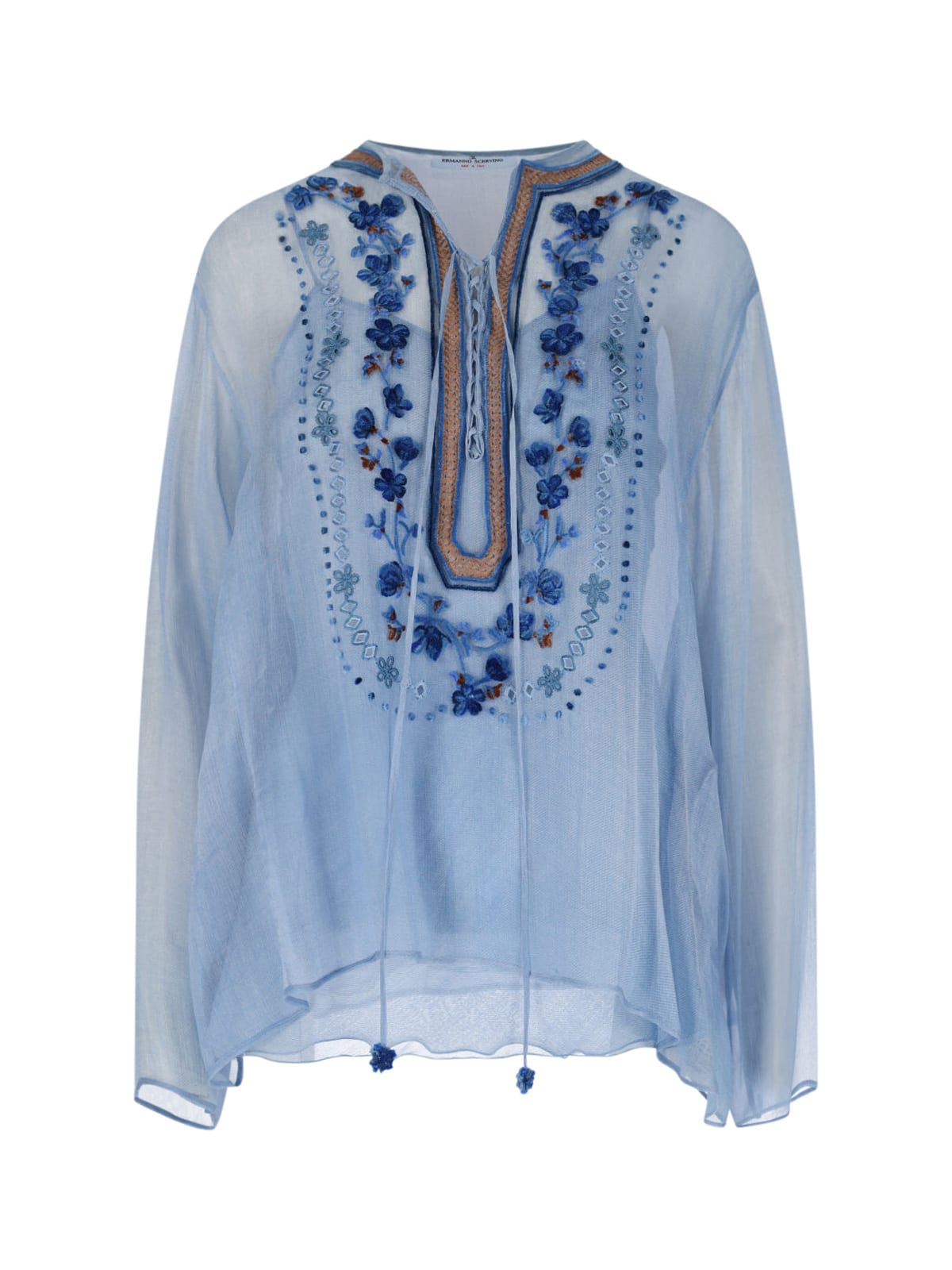 Blue Silk Floral Embroidery Shirt