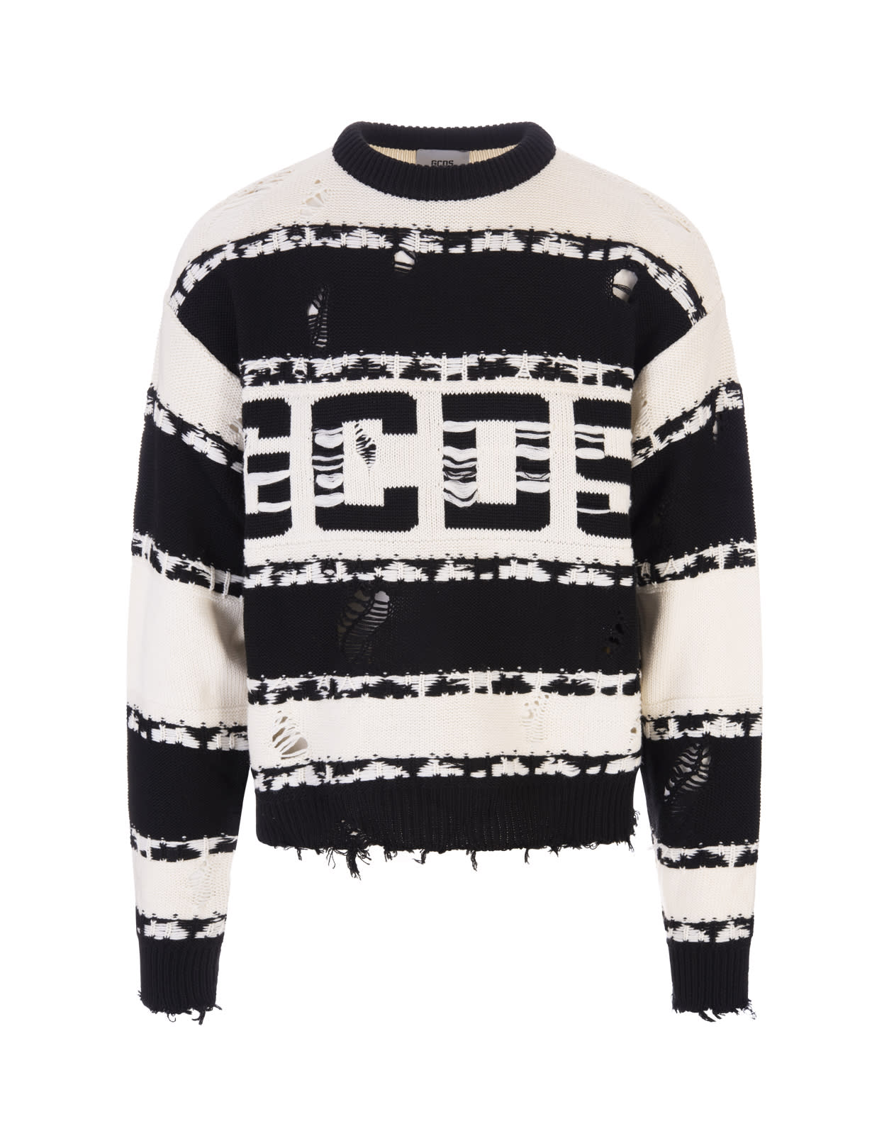 GCDS Man Black And White Striped Pullover With Logo