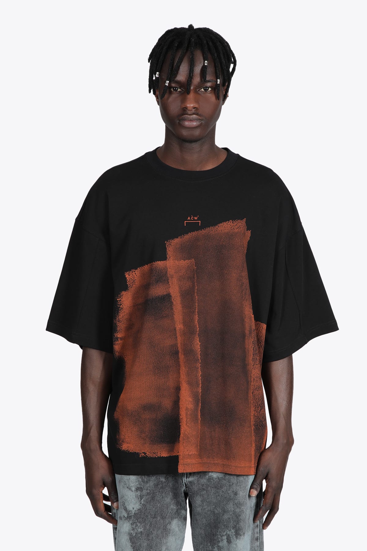 A-COLD-WALL Knitted Collage T-shirt Black cotton t-shirt with orange abstract screen print