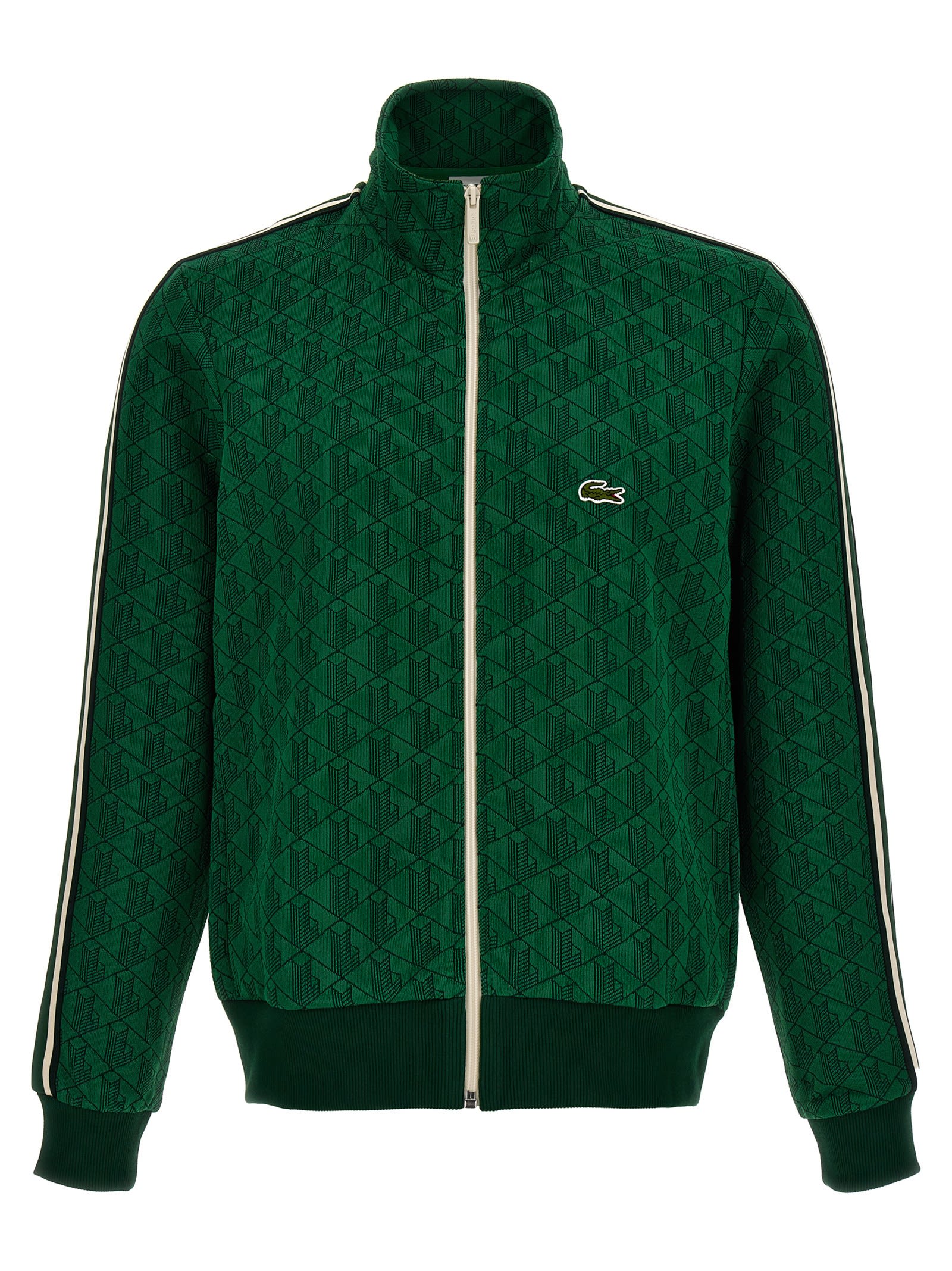 $185 LACOSTE Unisex Regular Fit Monogram Print Zip Sweatshirt in Dark Green  M