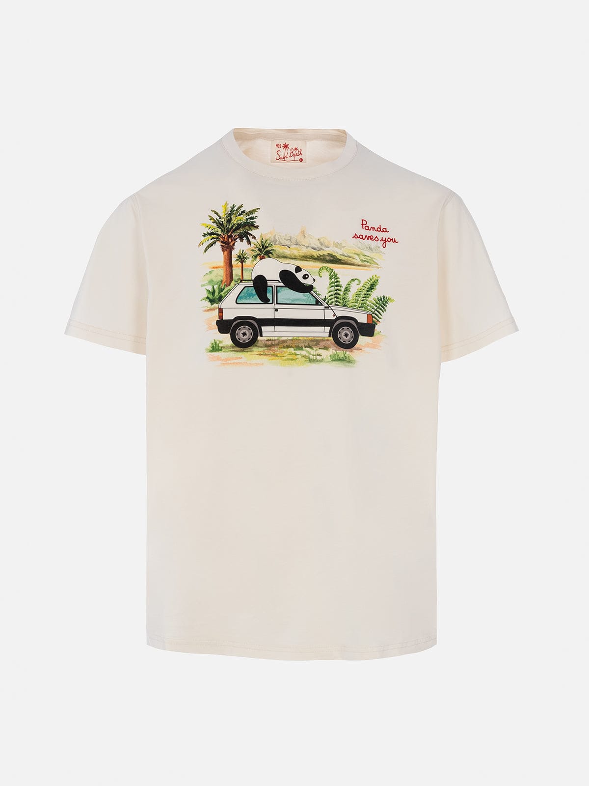 Shop Mc2 Saint Barth Man Cotton T-shirt With Panda On Panda Print And Embroidery Fiat Panda Special Edition In White