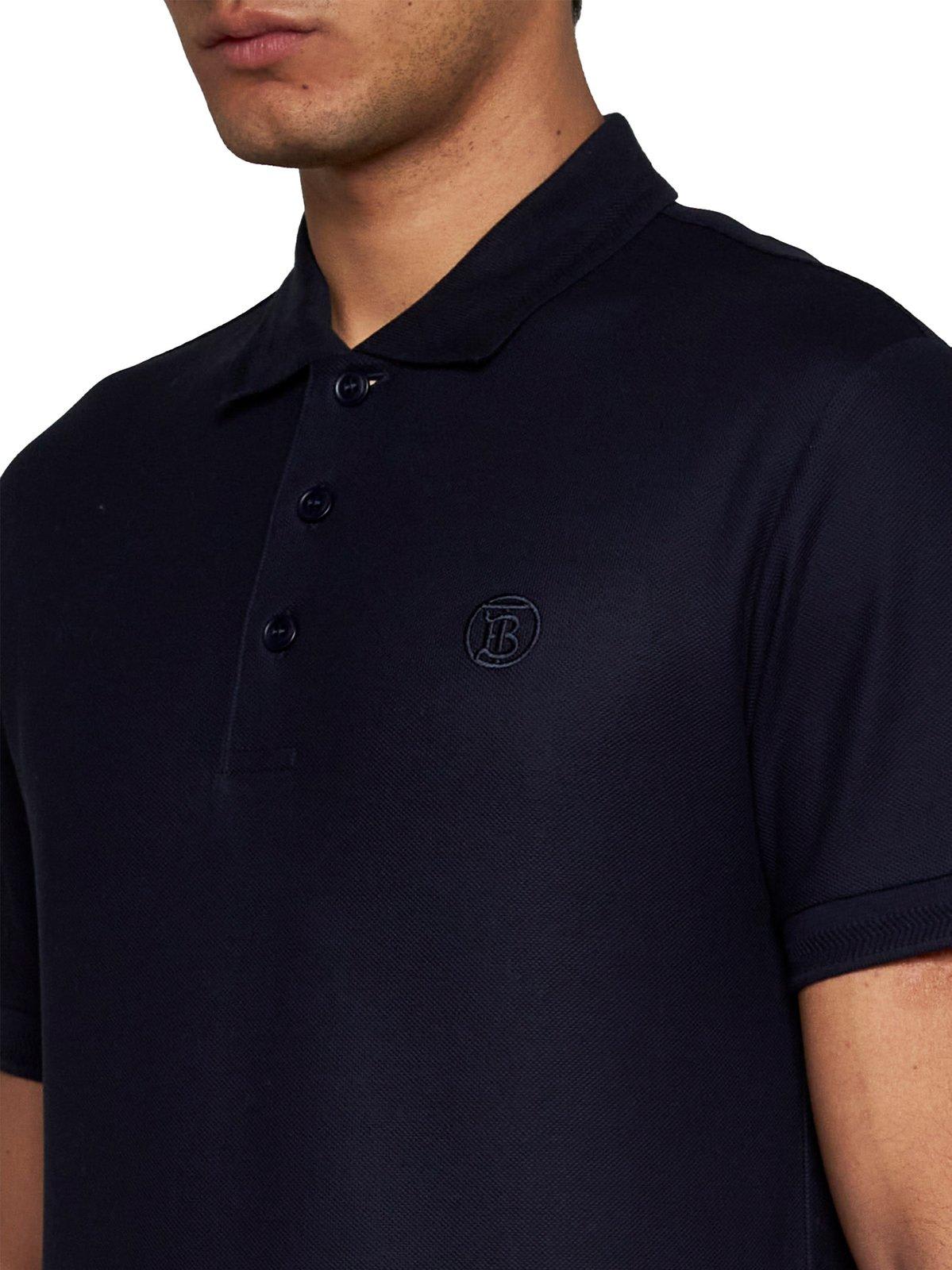 Shop Burberry Logo Embroidered Short Sleeved Polo Shirt In Coal Blue