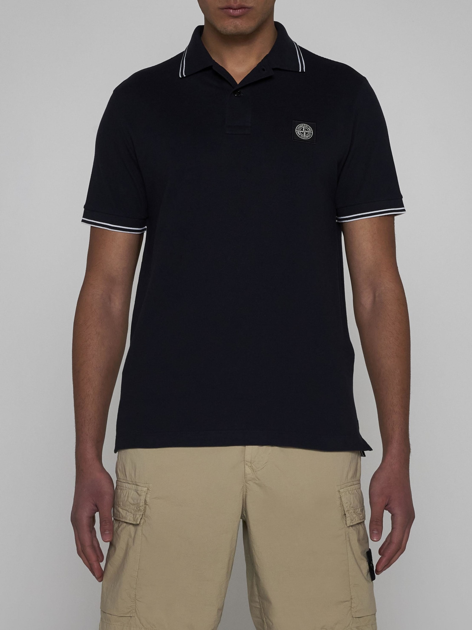 Shop Stone Island Logo-patch Cotton Polo Shirt In Bleu