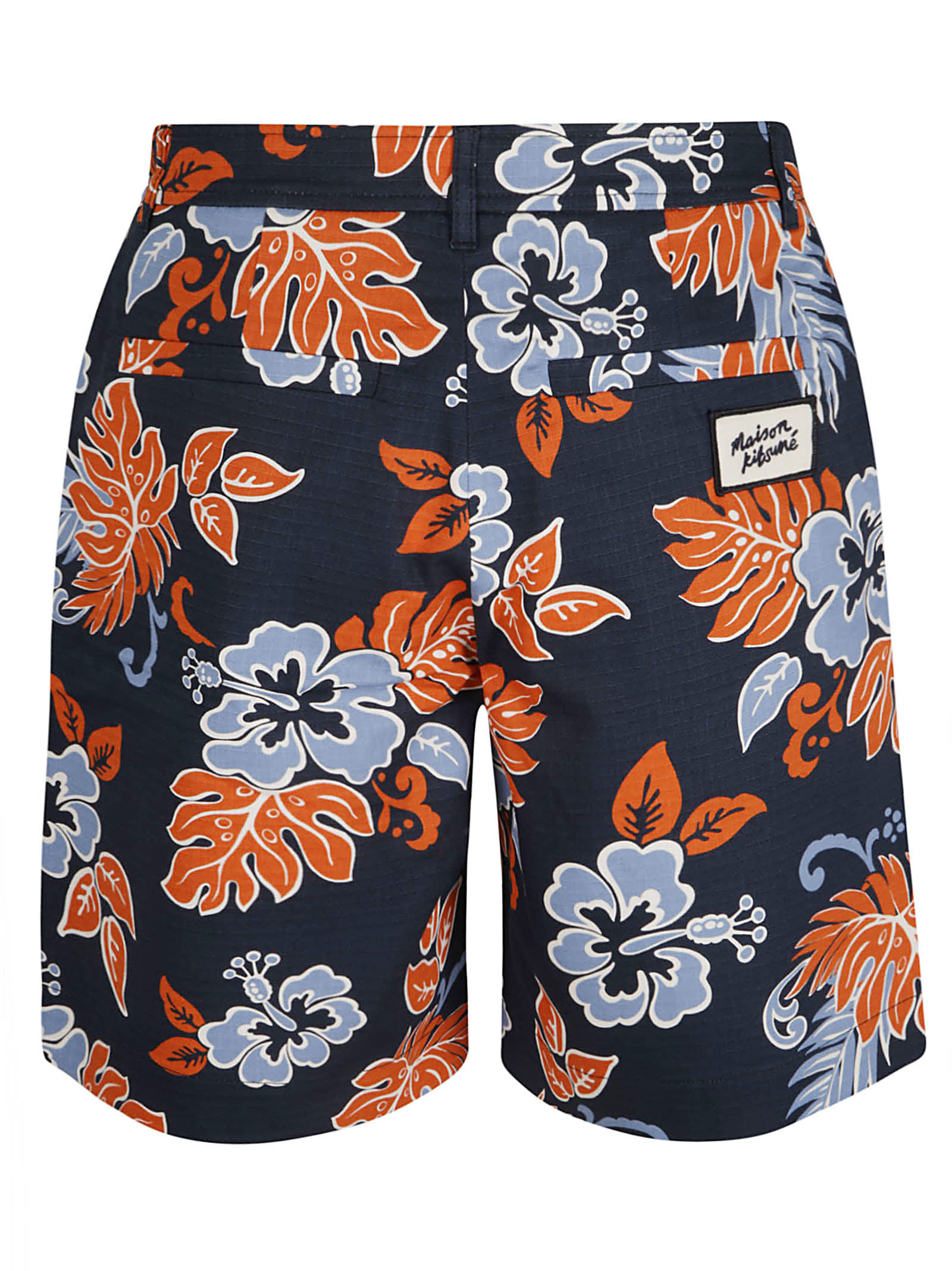 Shop Maison Kitsuné Logo Patched Floral Print Board Shorts In Deep Navy