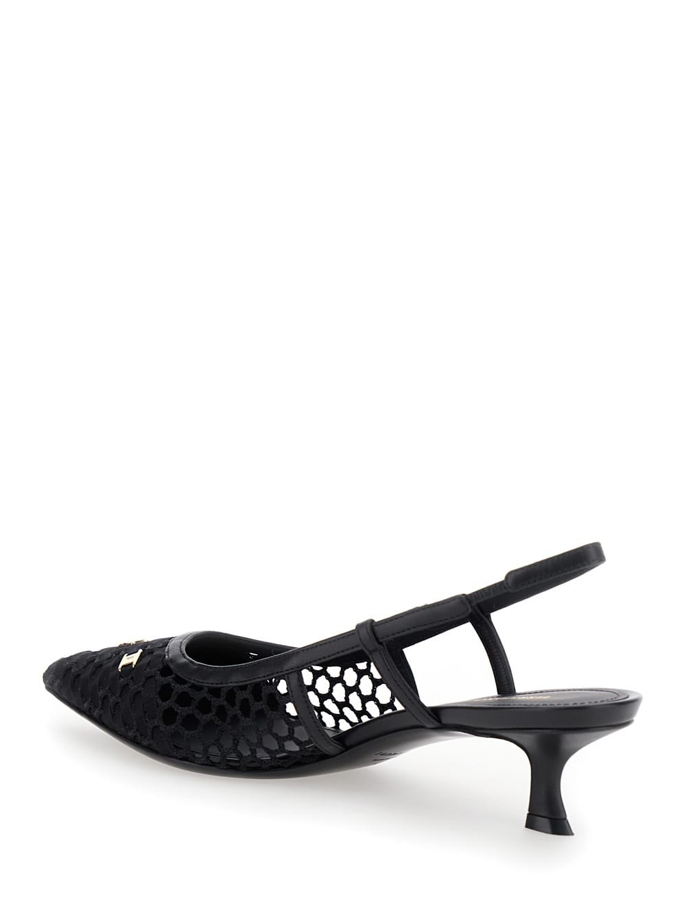 Shop Ferragamo Clizia Black Slingback Pumps With Logo Detail In Mesh And Leather Woman