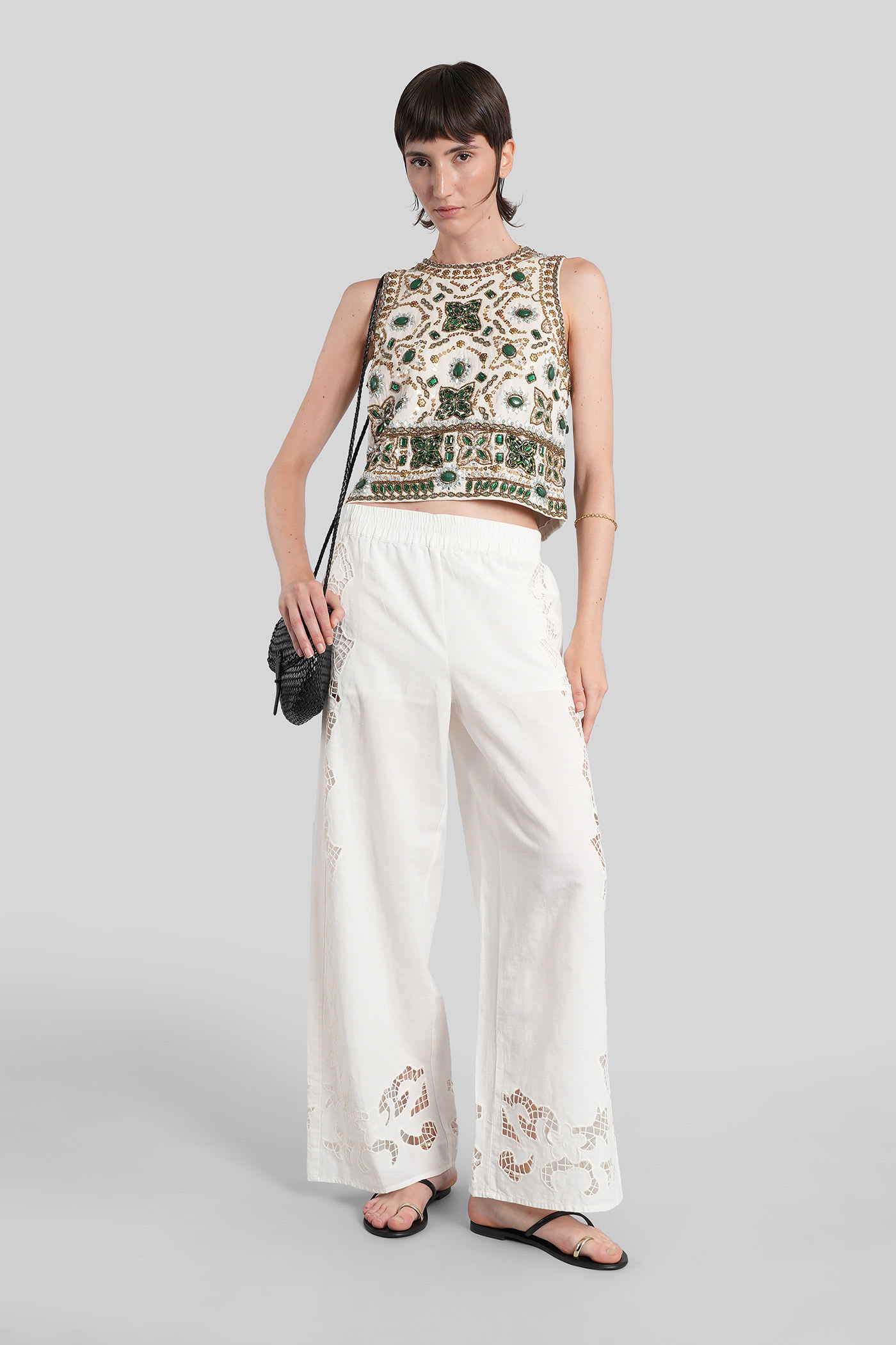 Alice And Olivia Tanya Embroidered Eyelet Trousers In White