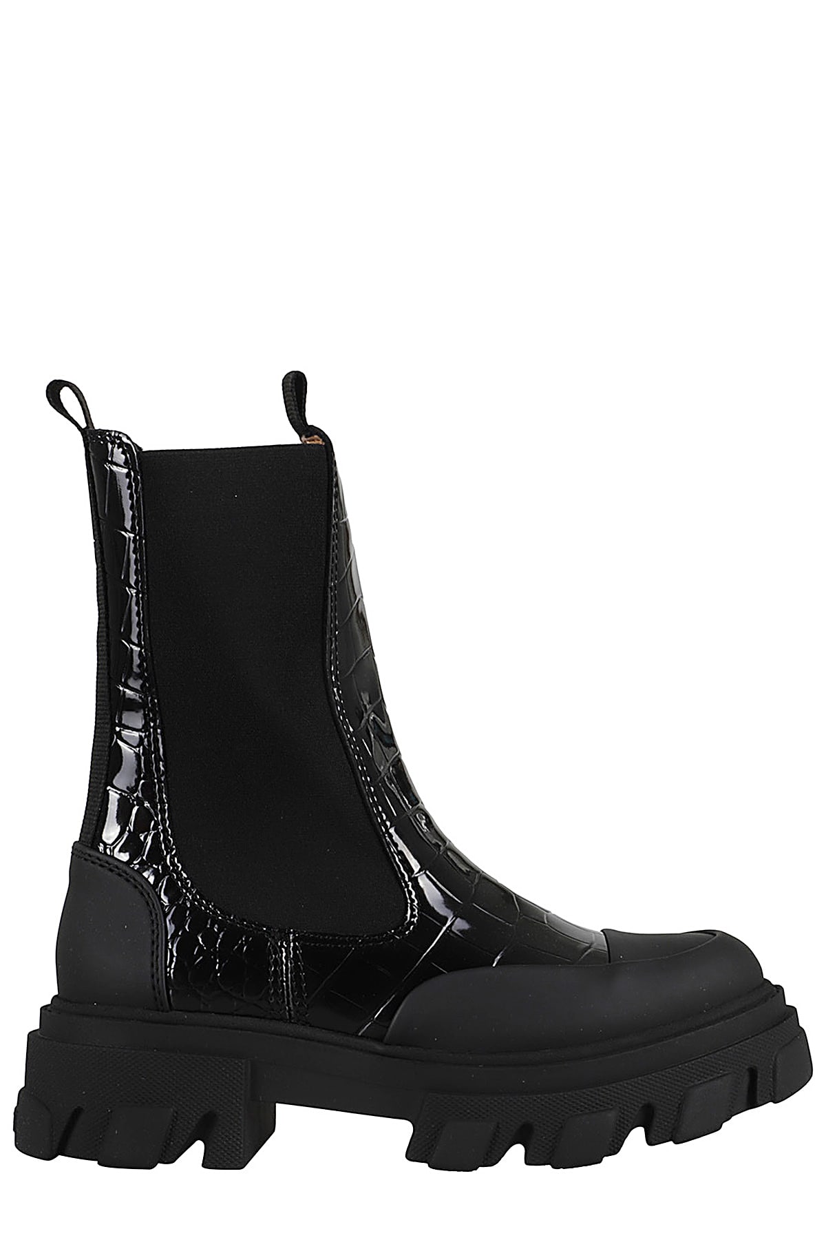 Shop Ganni Cleated Mid Chelsea Boot Naplack Croco In Black