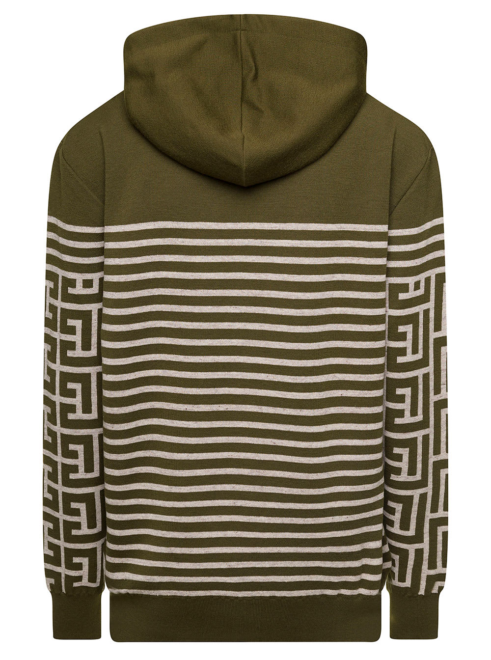 Shop Balmain Military Green Hoodie With Monogram And Stripes In Wool And Linen Man
