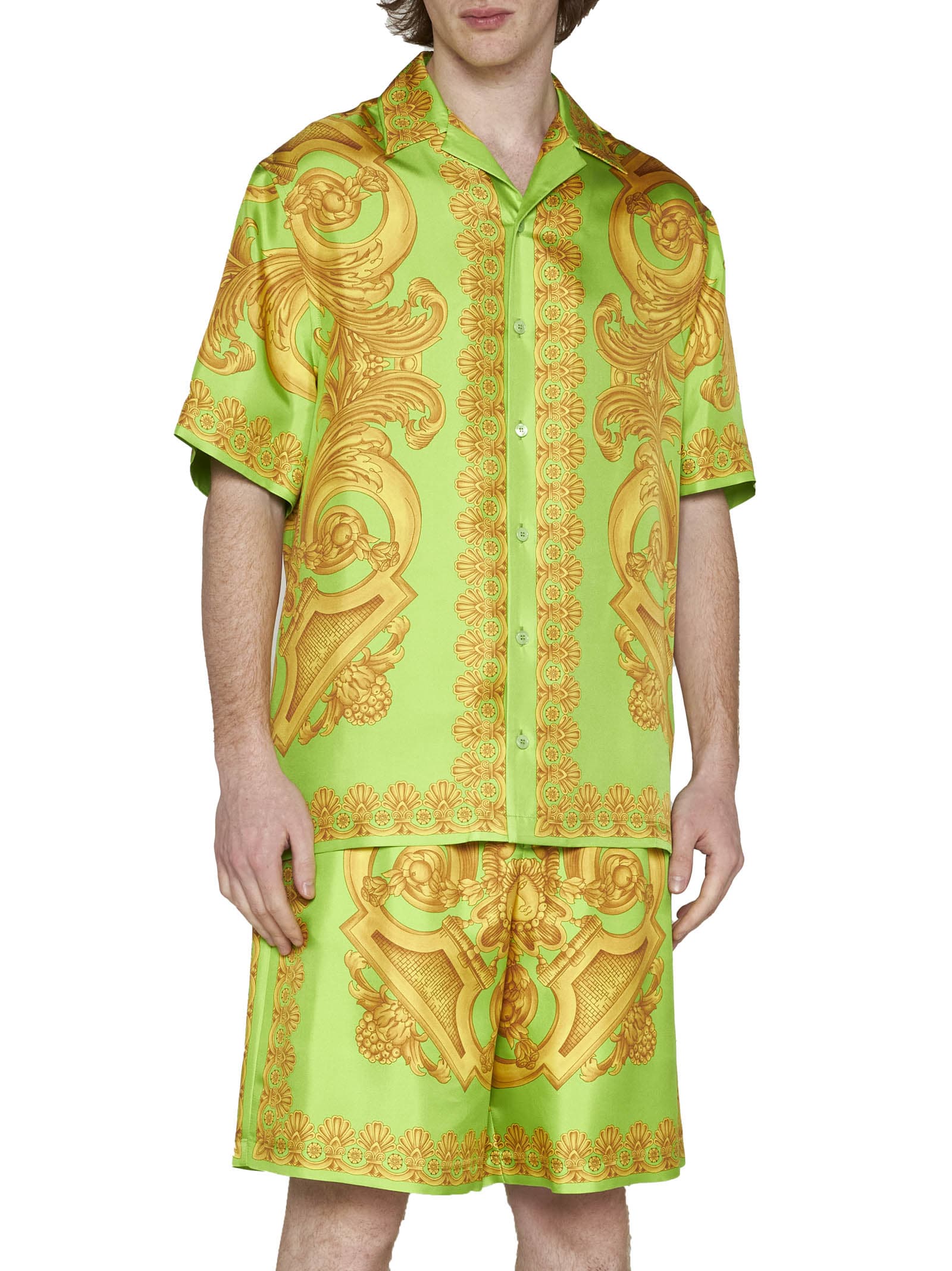 Versace Green And Gold Shorts With All-over Barrocco Print In Silk Man In Lime Gold