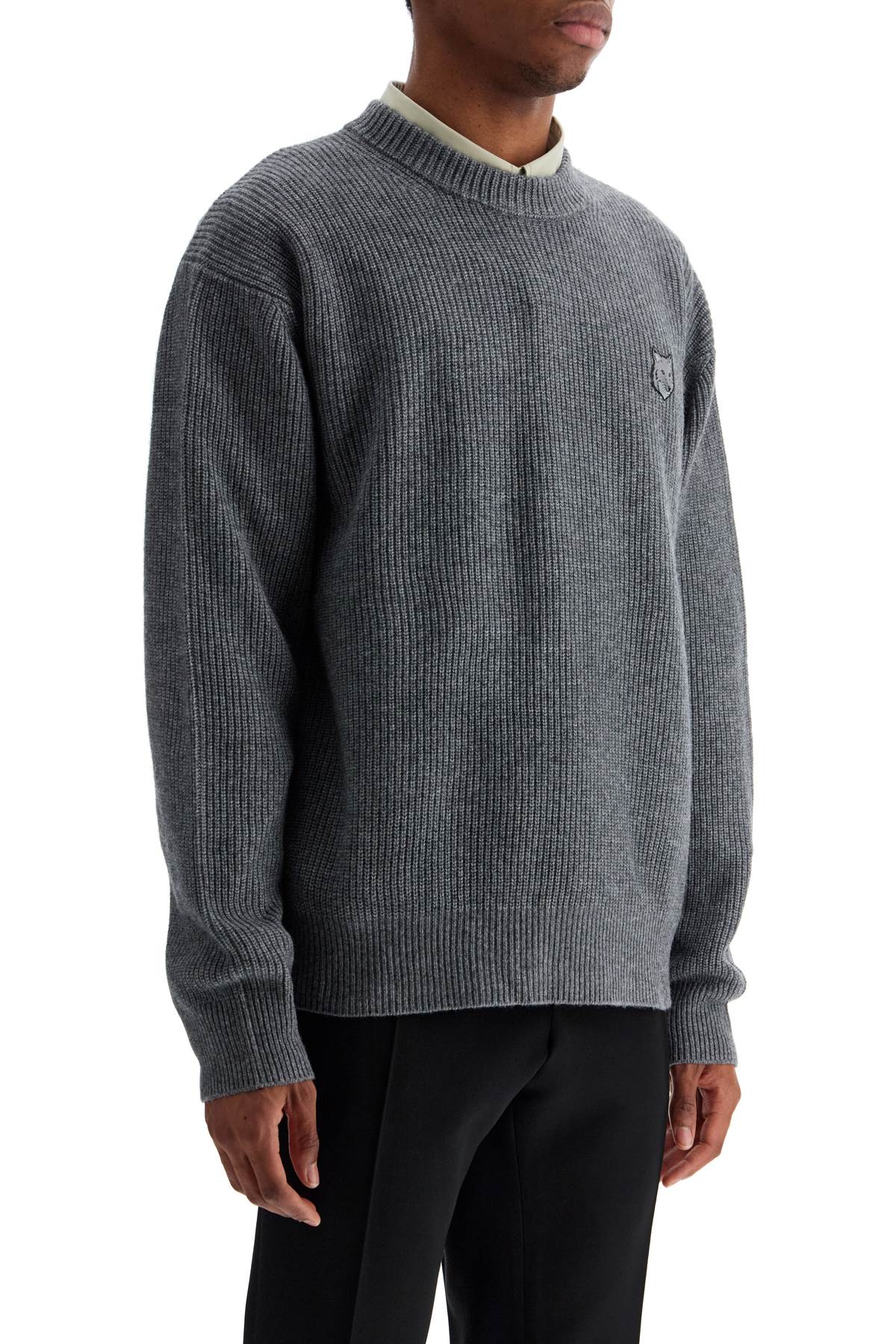 Maison Kitsuné Gray Mélange Wool Sweater With Embroidered Fox Logo