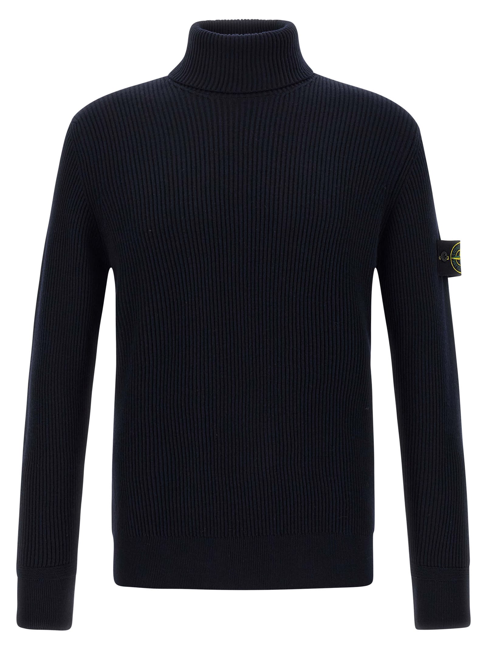 Stone Island Turtleneck Sweater In Virgin Wool With Logo Patch In Blue