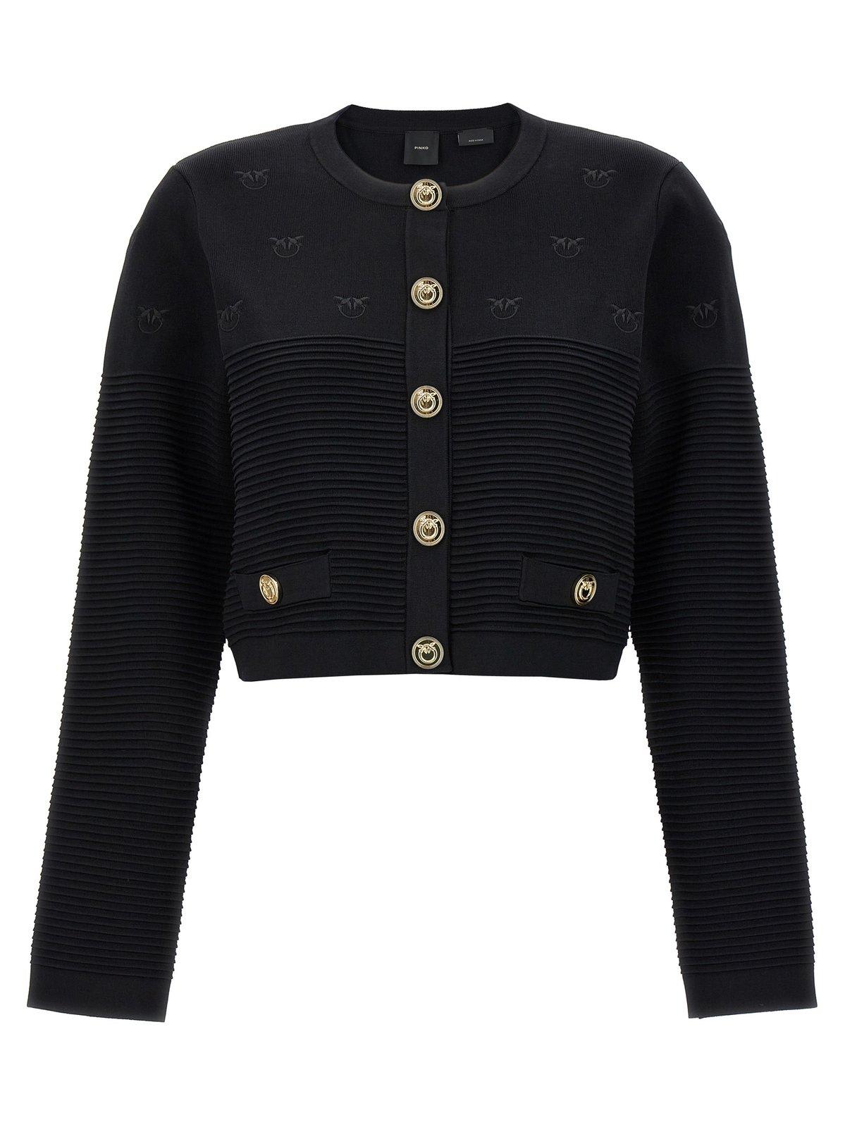 Shop Pinko Love Birds Embroidered Cropped Cardigan In Black
