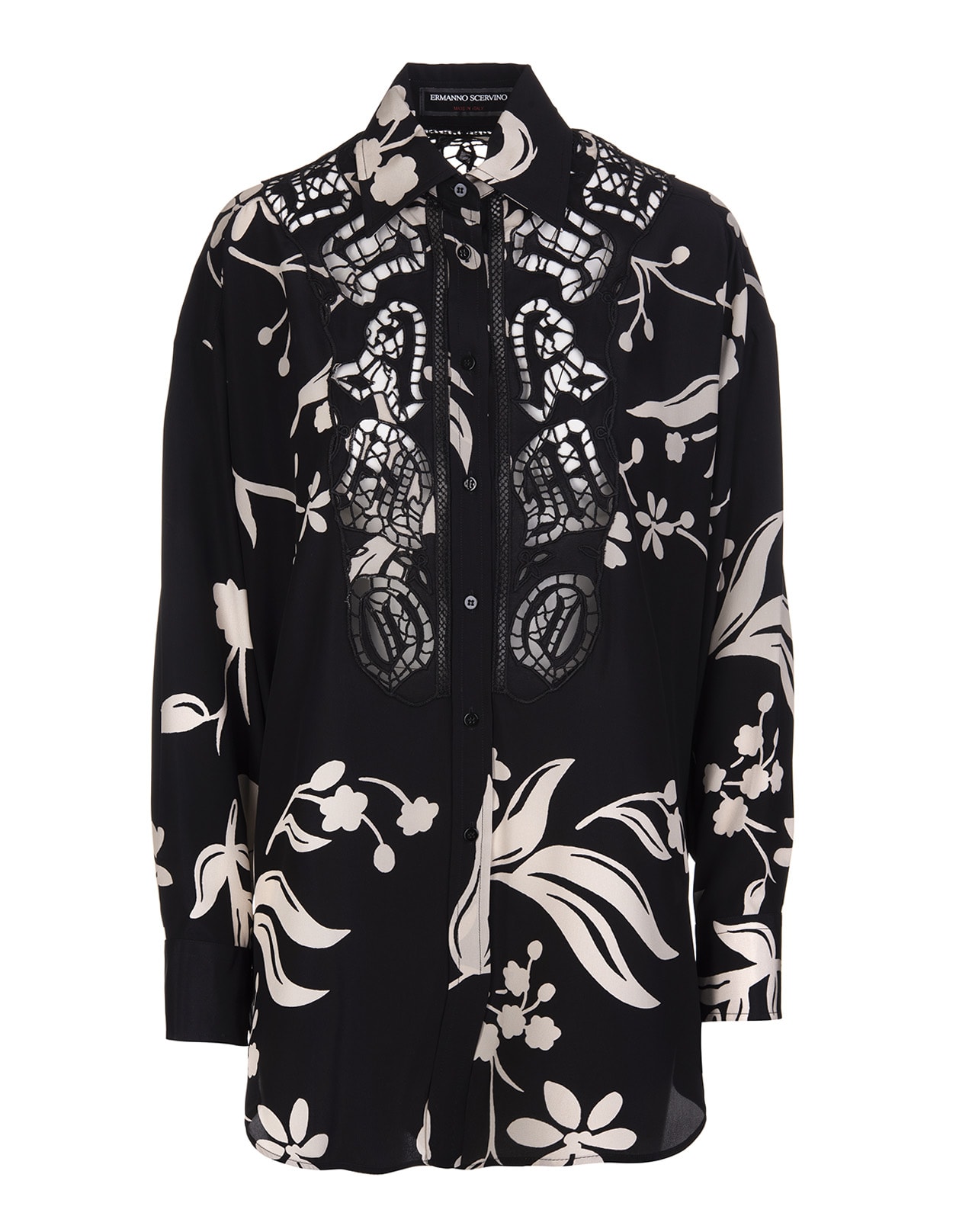 Ermanno Scervino Black And Ivory Shirt With Floral Print And Cutwork Lettering