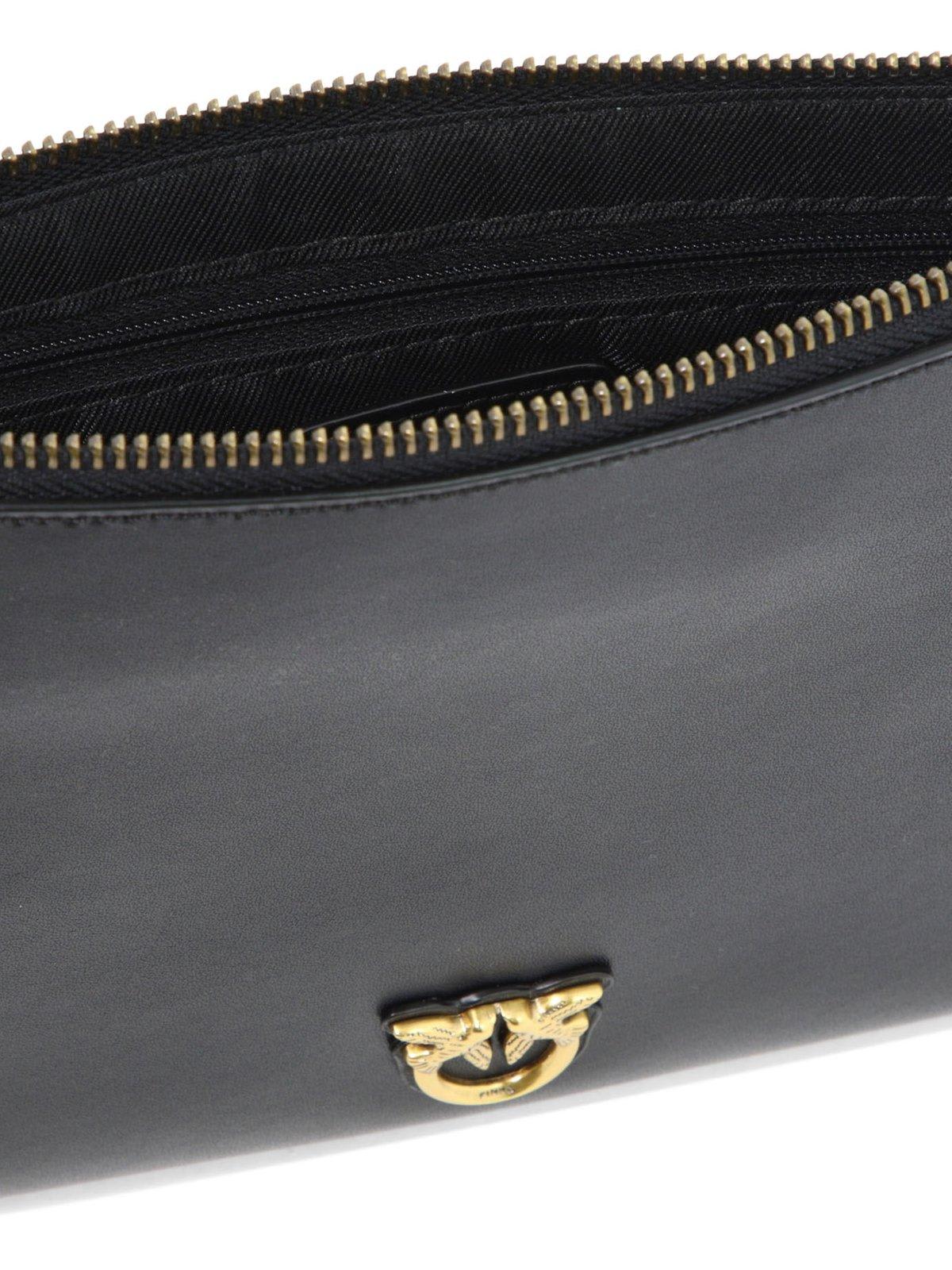Pinko Flat Love Bag Black Shoulder Bag With Logo Patch In Smooth Leather Woman In Black